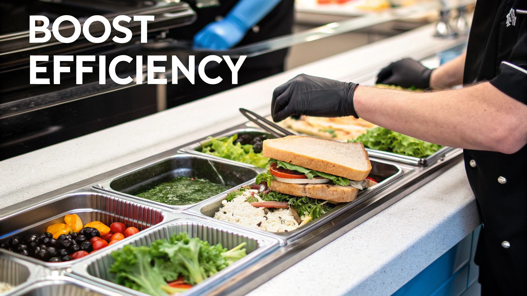 A chef preparing fresh salads on a stainless steel sandwich and salad prep table, with all ingredients neatly organized in the refrigerated rail.