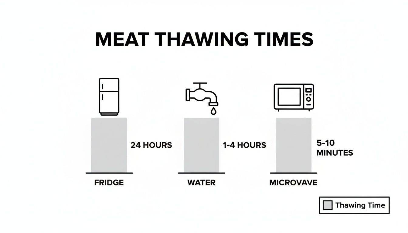 Guide showing meat thawing times: 24 hours in fridge, 1-4 hours in water, 5-10 minutes in microwave.