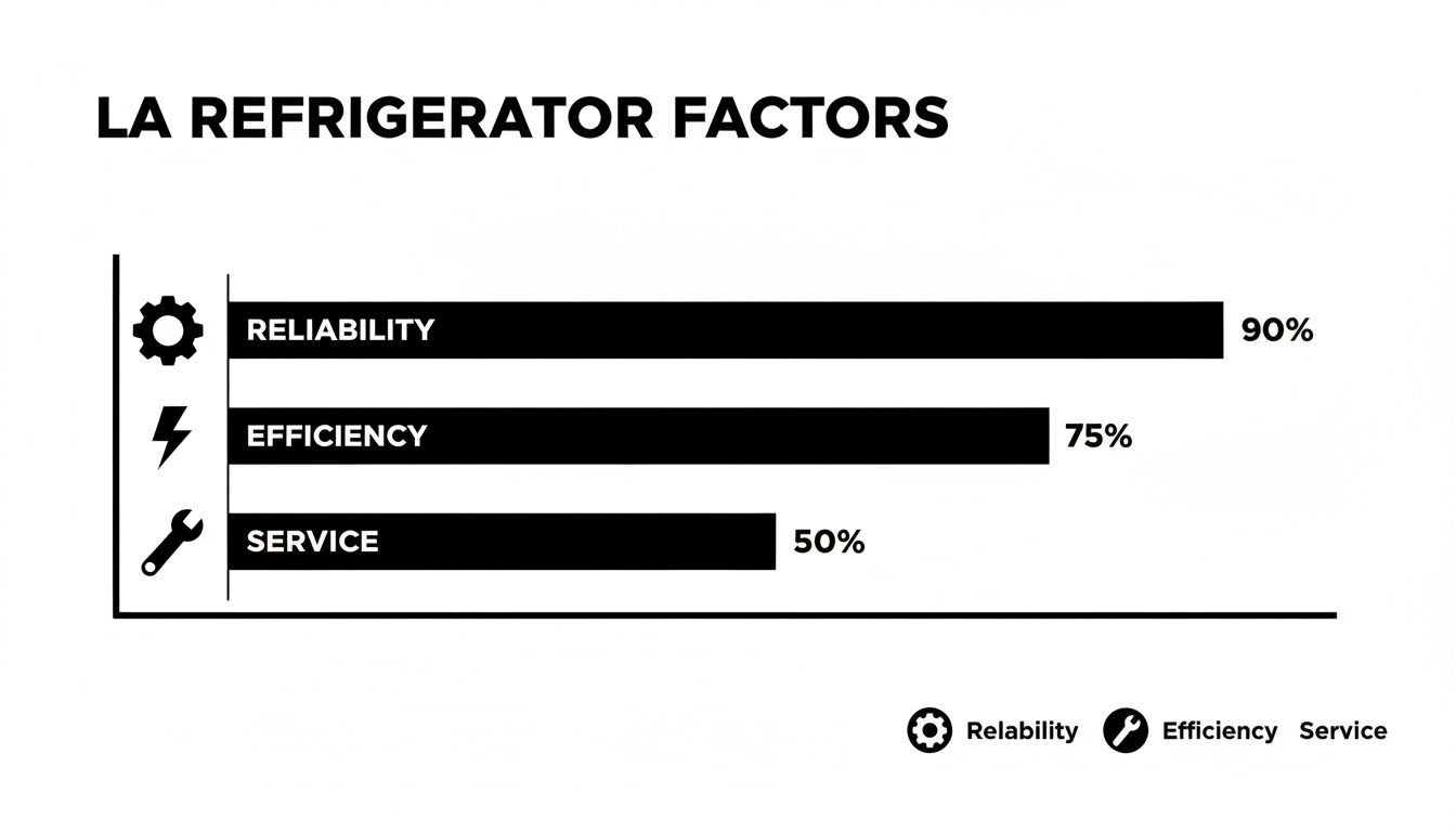 Bar chart illustrating LA Refrigerator Factors, showing Reliability at 90%, Efficiency at 75%, and Service at 50%.