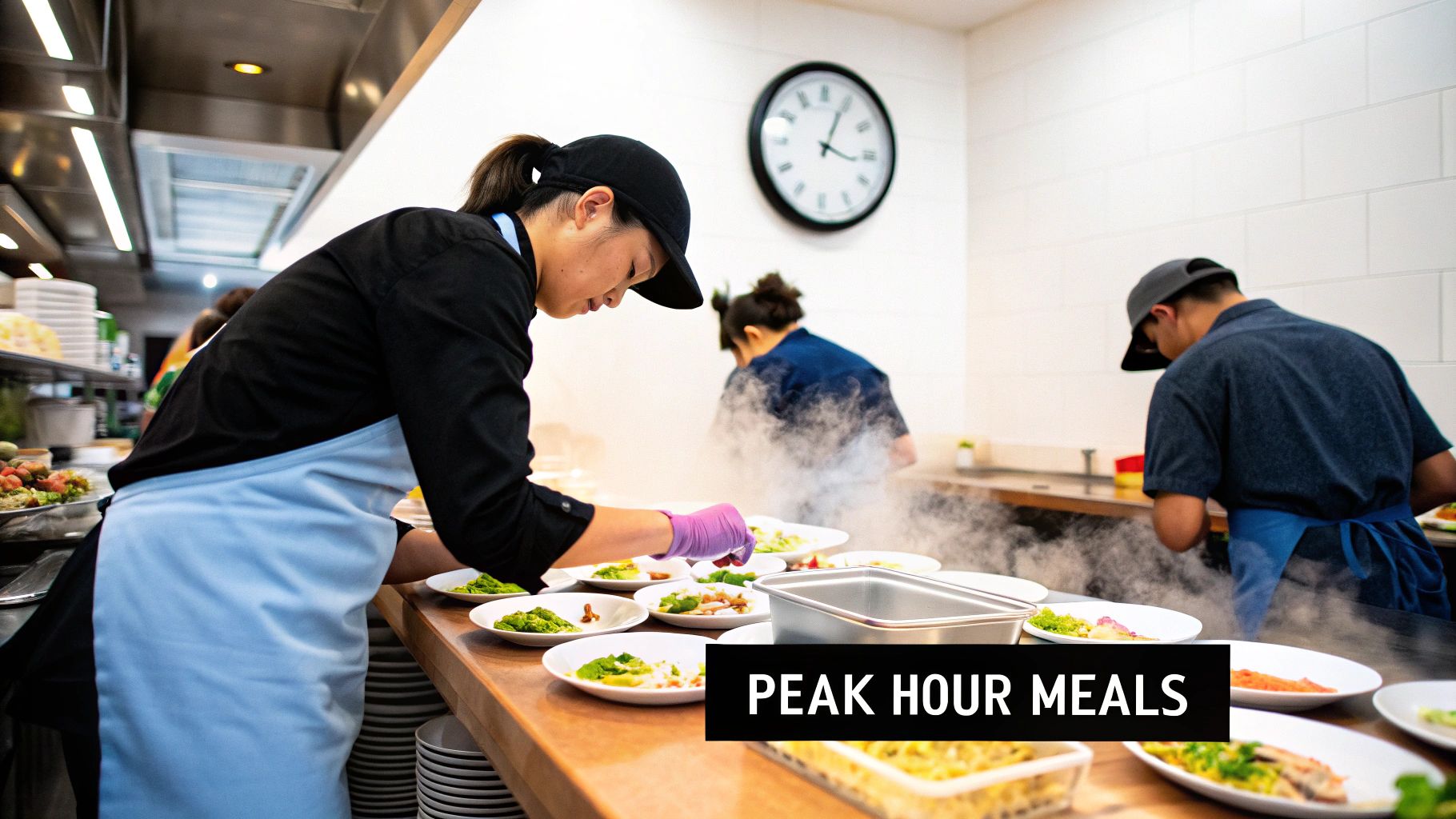 Chefs in a busy commercial kitchen efficiently plate multiple hot meals for service.