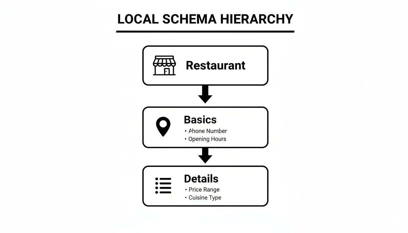 Diagram showing local schema hierarchy for a restaurant, including basics like phone, hours, and details like price and cuisine.