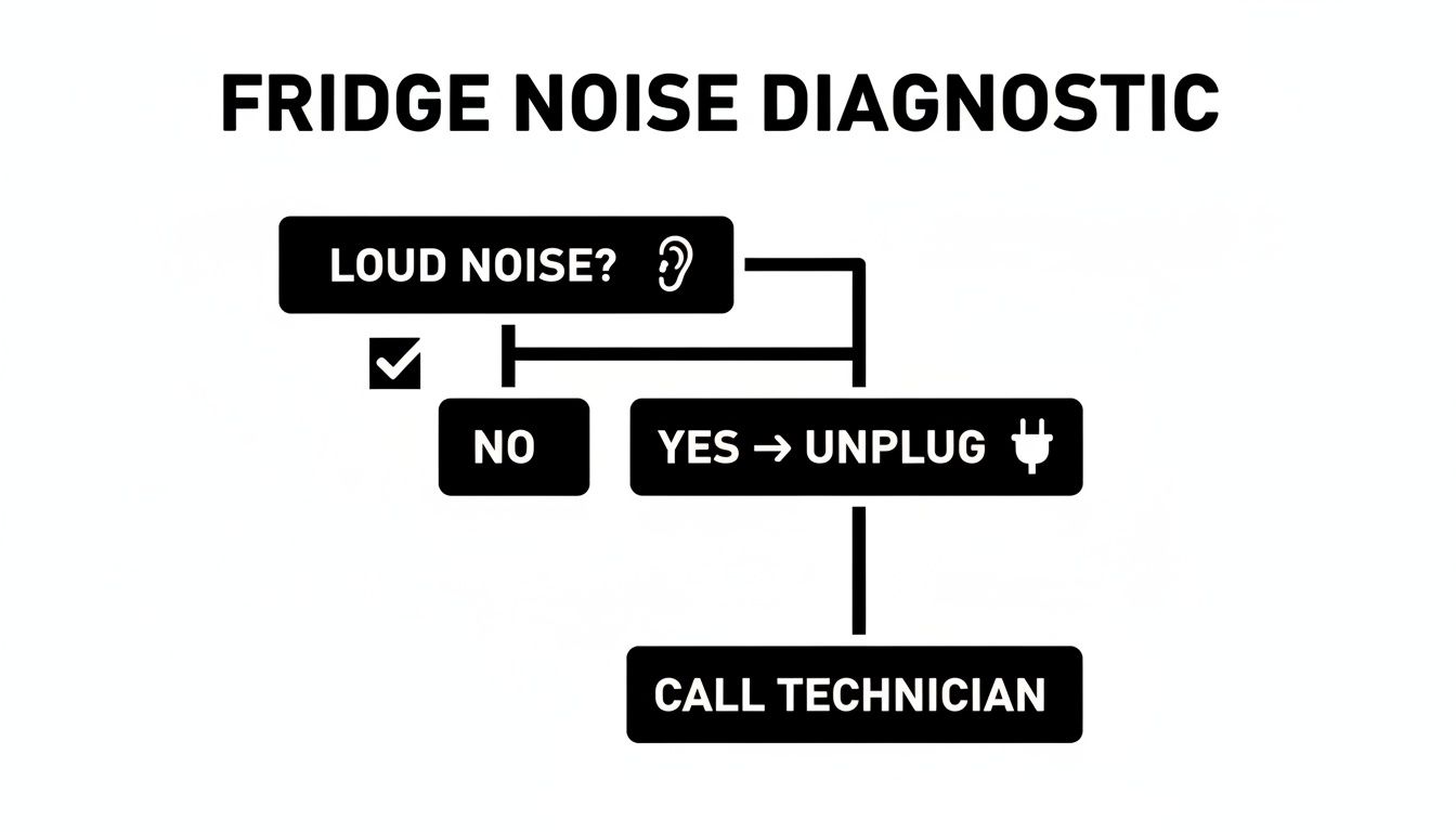 Flowchart diagnosing fridge noise: If loud, unplug then call technician; otherwise, no action needed.
