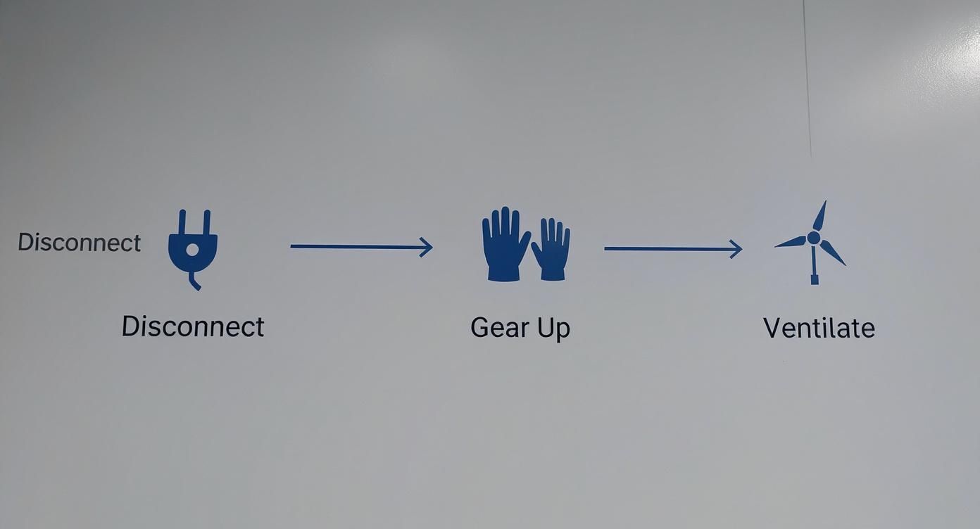 A three-step safety procedure diagram with icons for disconnect (power plug), gear up (gloves), and ventilate (wind turbine).