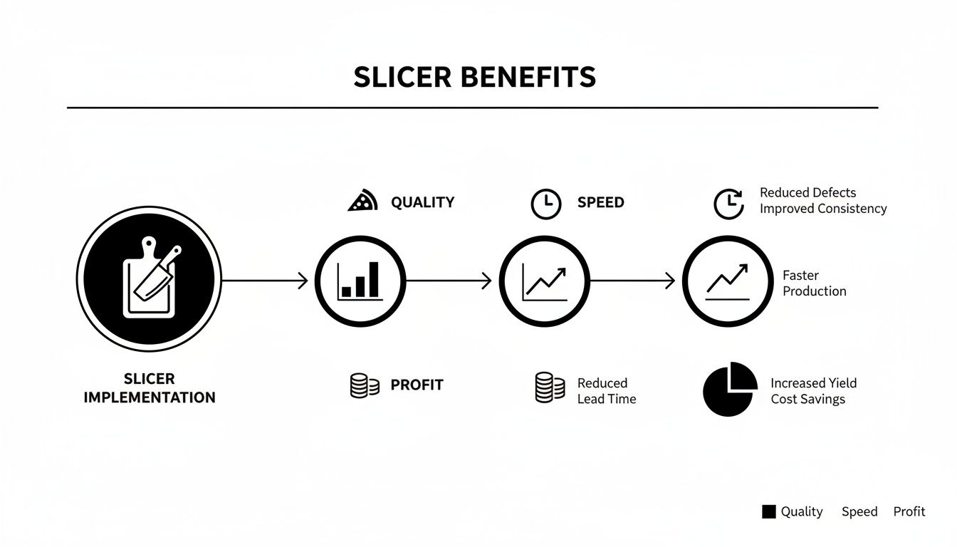 Diagram illustrating slicer benefits from implementation to improved quality, speed, and profit outcomes.