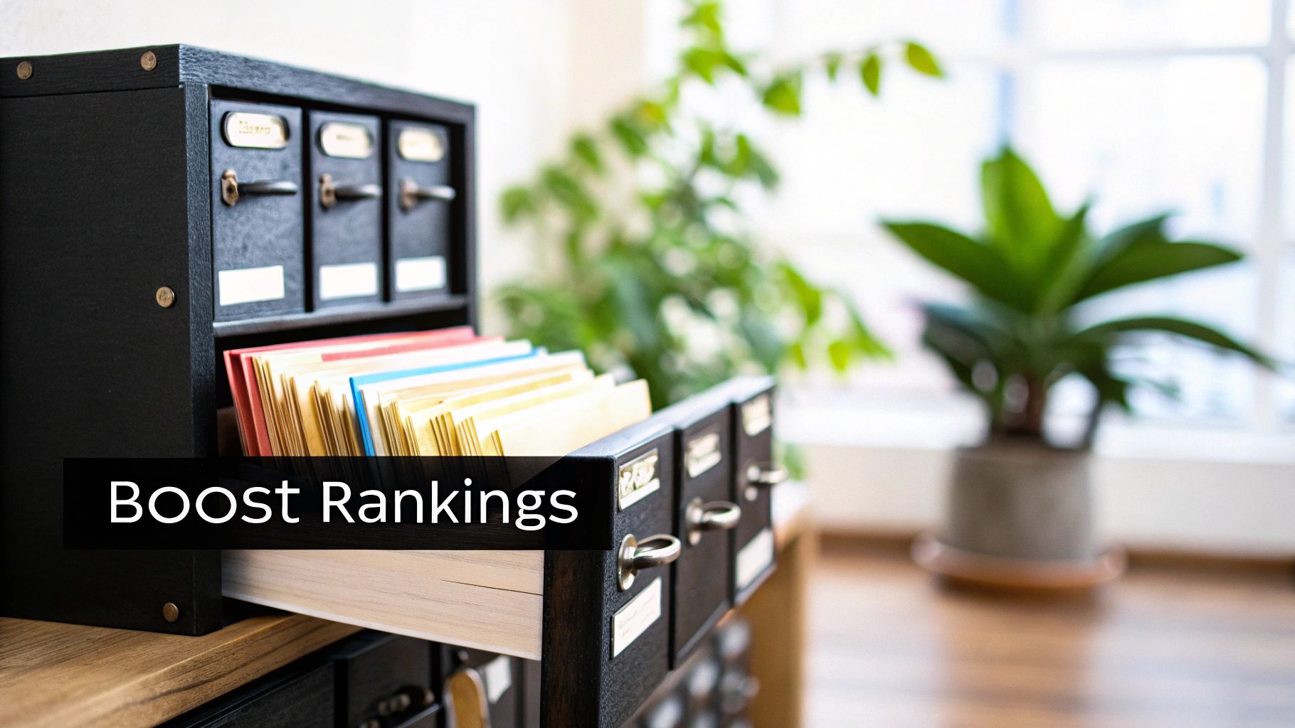 Black filing cabinet with colorful folders and 'Boost Rankings' text, suggesting organized SEO strategy.