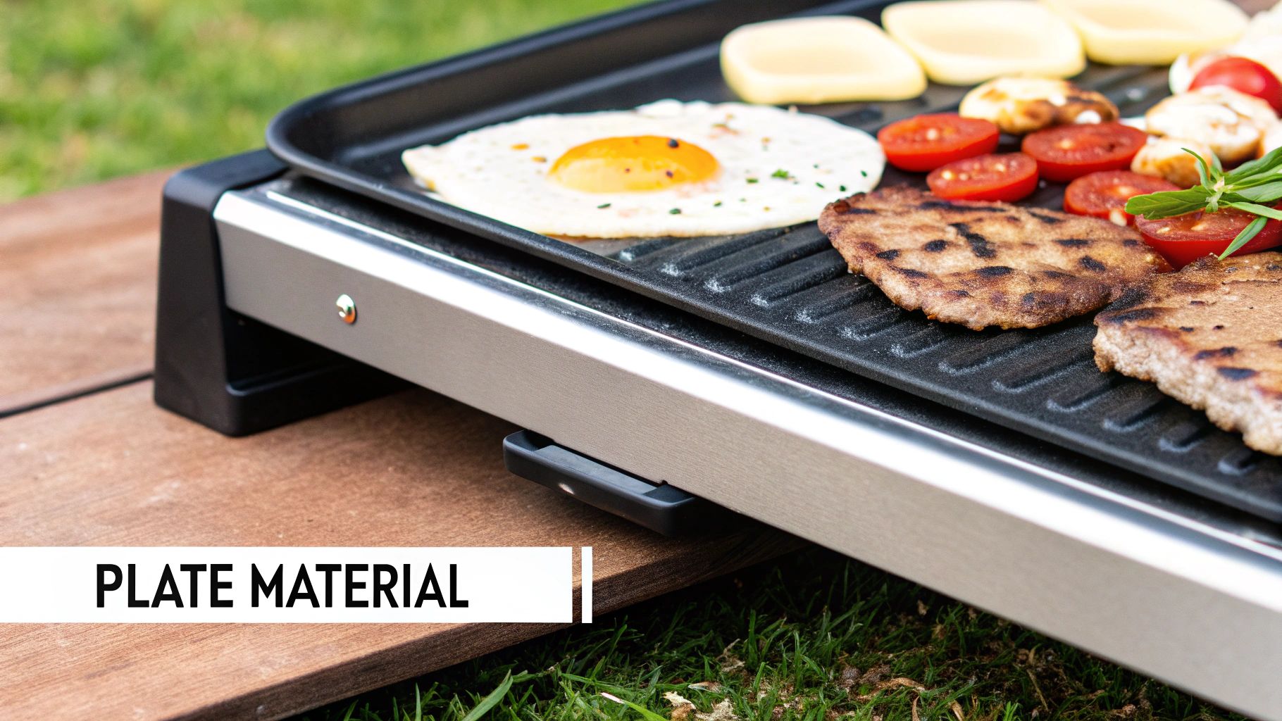 A close-up of a thick, seasoned steel griddle plate ready for cooking.