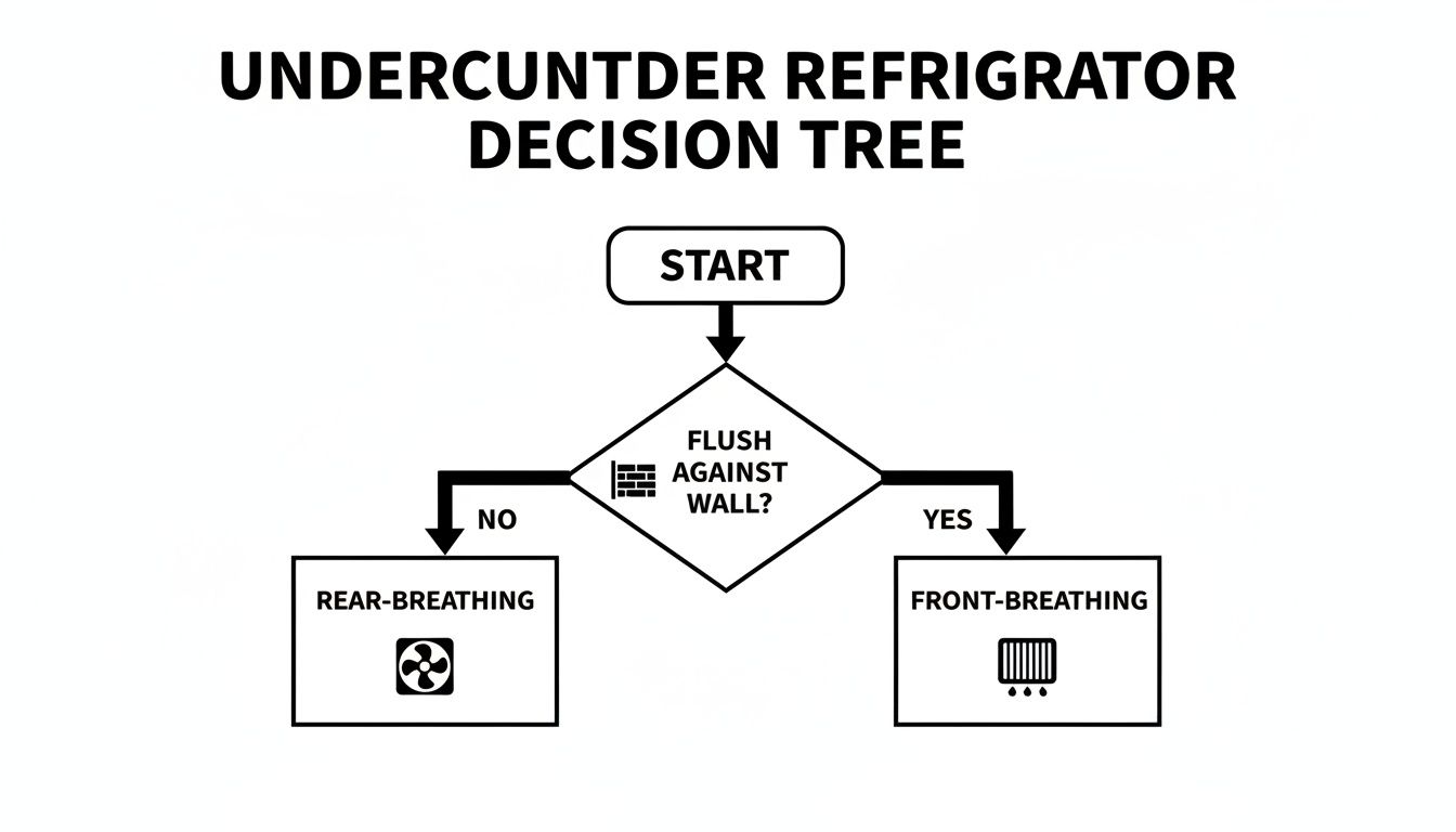 Flowchart for undercounter refrigerator breathing type: rear-breathing if not flush against wall, front-breathing if flush.