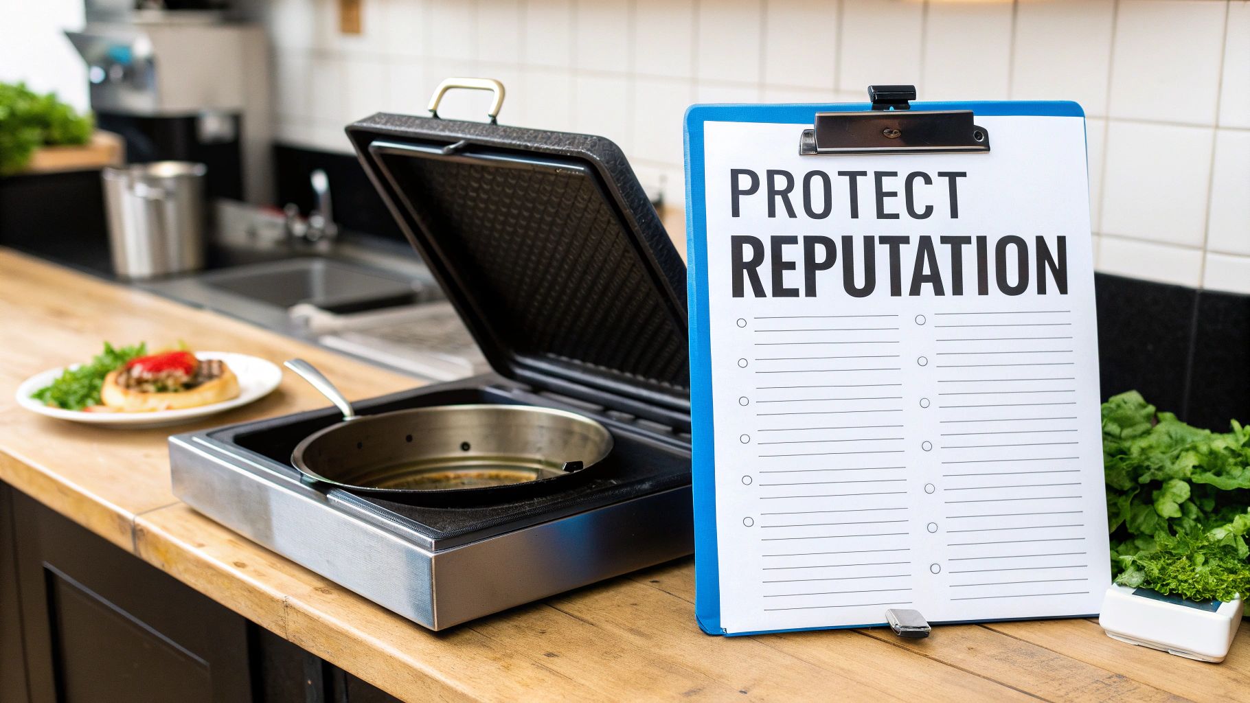 A person inspecting the inside of a commercial kitchen grease trap with a flashlight.