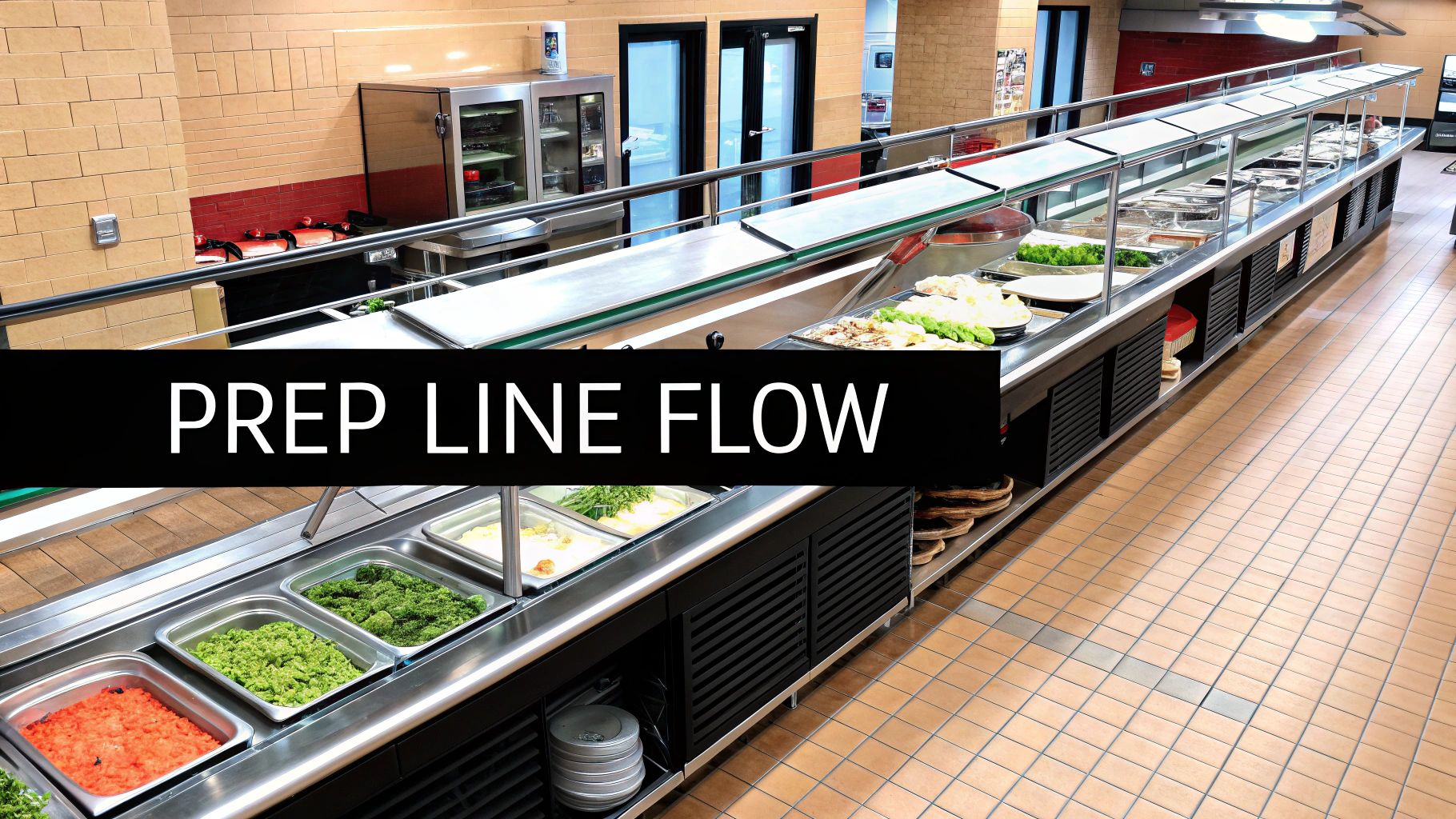 A long commercial kitchen prep line or self-service buffet with various food items in stainless steel trays.