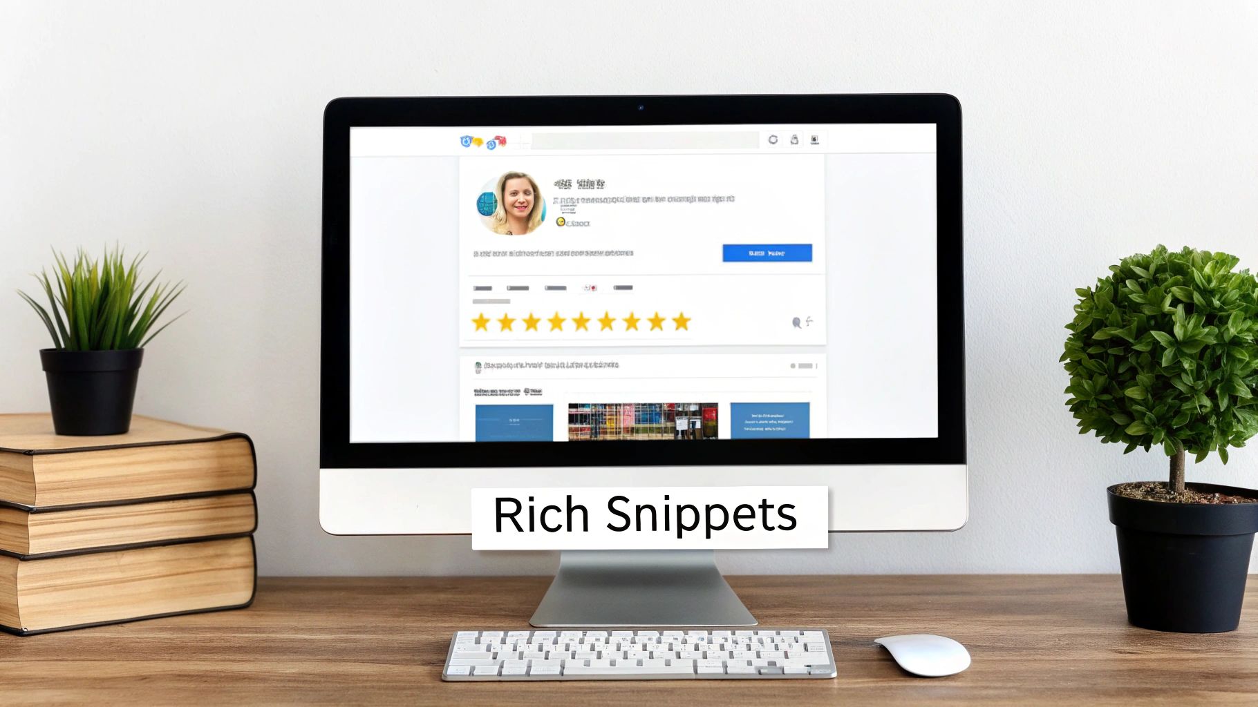 A computer monitor displaying rich snippets with a 5-star rating, alongside books and plants on a desk.
