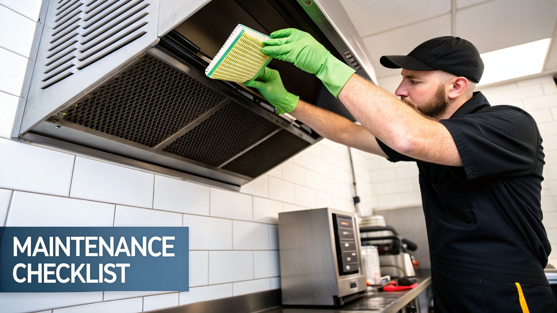 A person in green gloves replaces a filter in a commercial kitchen ventless hood.