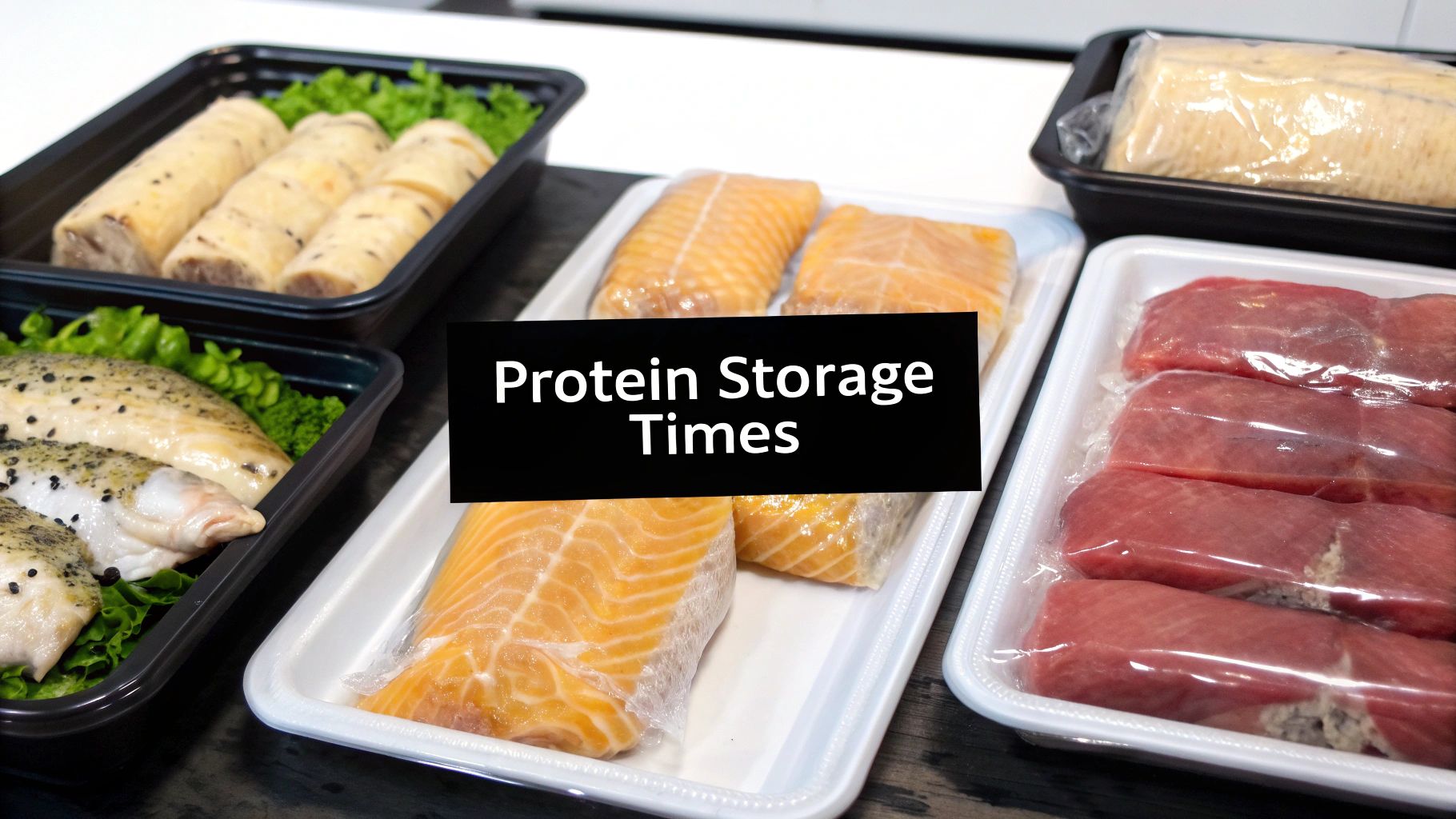 Various raw packaged proteins including salmon, white fish, and meat in trays with a 'Protein Storage Times' banner.
