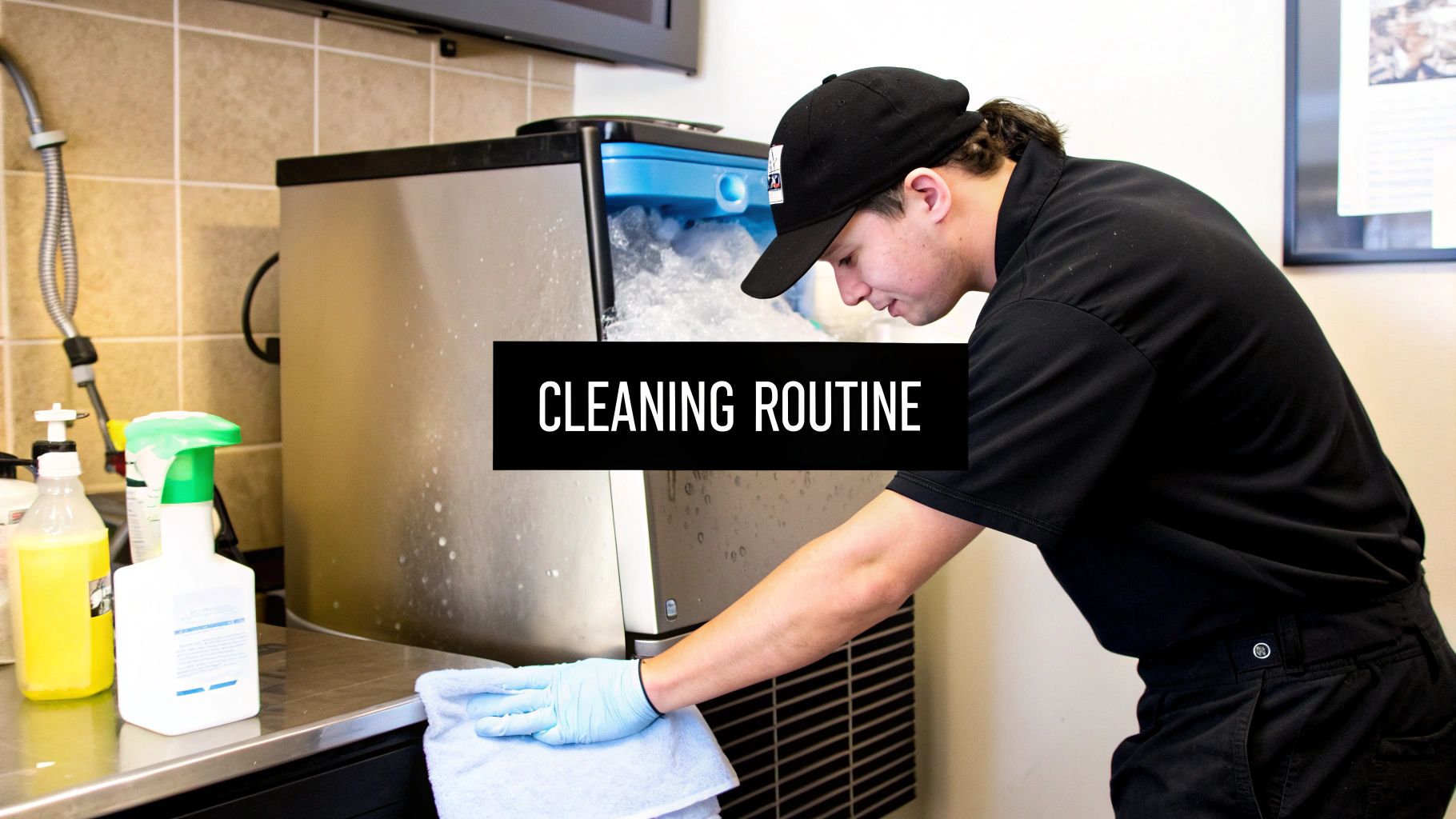 A person in uniform and gloves cleaning a commercial stainless steel ice machine with a towel.