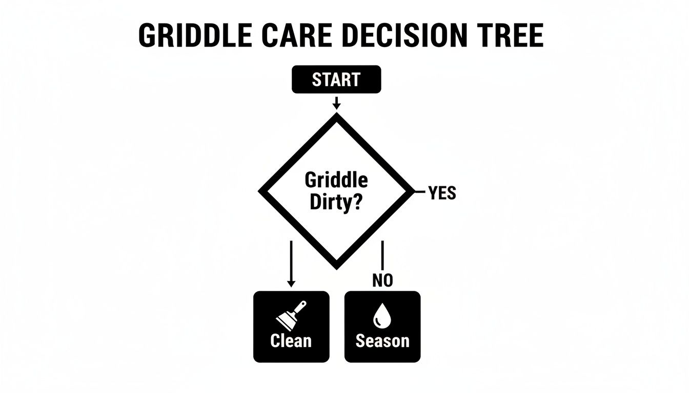 A griddle care decision tree flowchart asking if the griddle is dirty, leading to clean or season.