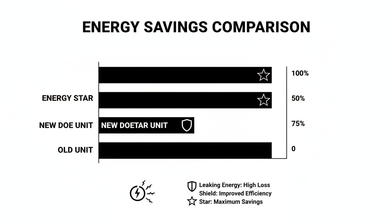 Bar chart comparing energy savings for Energy Star, New DOE, and Old units, showing efficiencies.