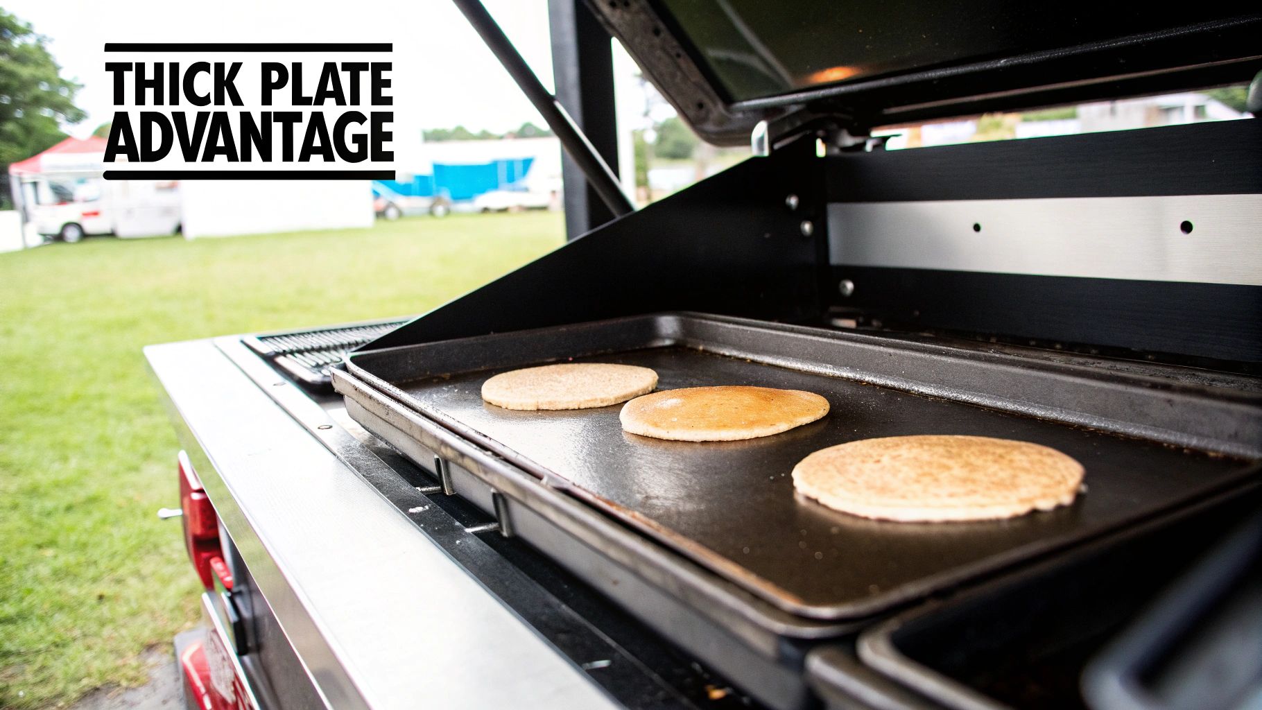 Three golden pancakes cooking on a hot black griddle, part of a food truck setup outdoors.