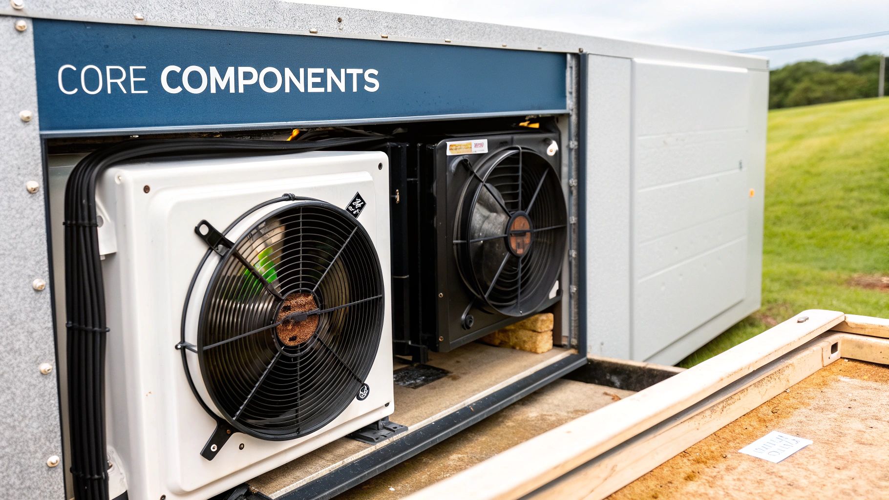 Close-up of a walk-in cooler's refrigeration unit components.
