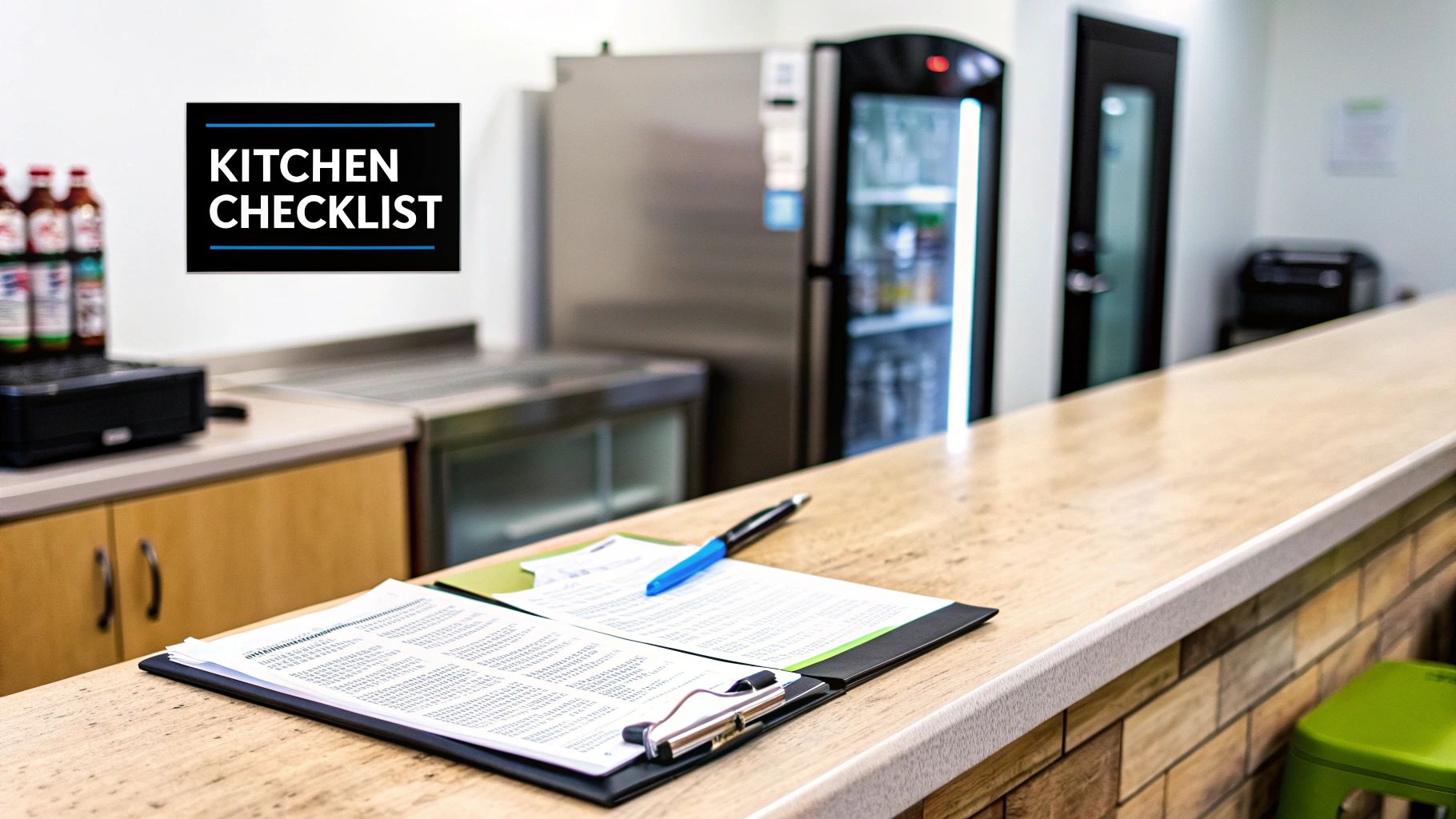 A commercial kitchen counter with a KITCHEN CHECKLIST sign, clipboard, and appliances.