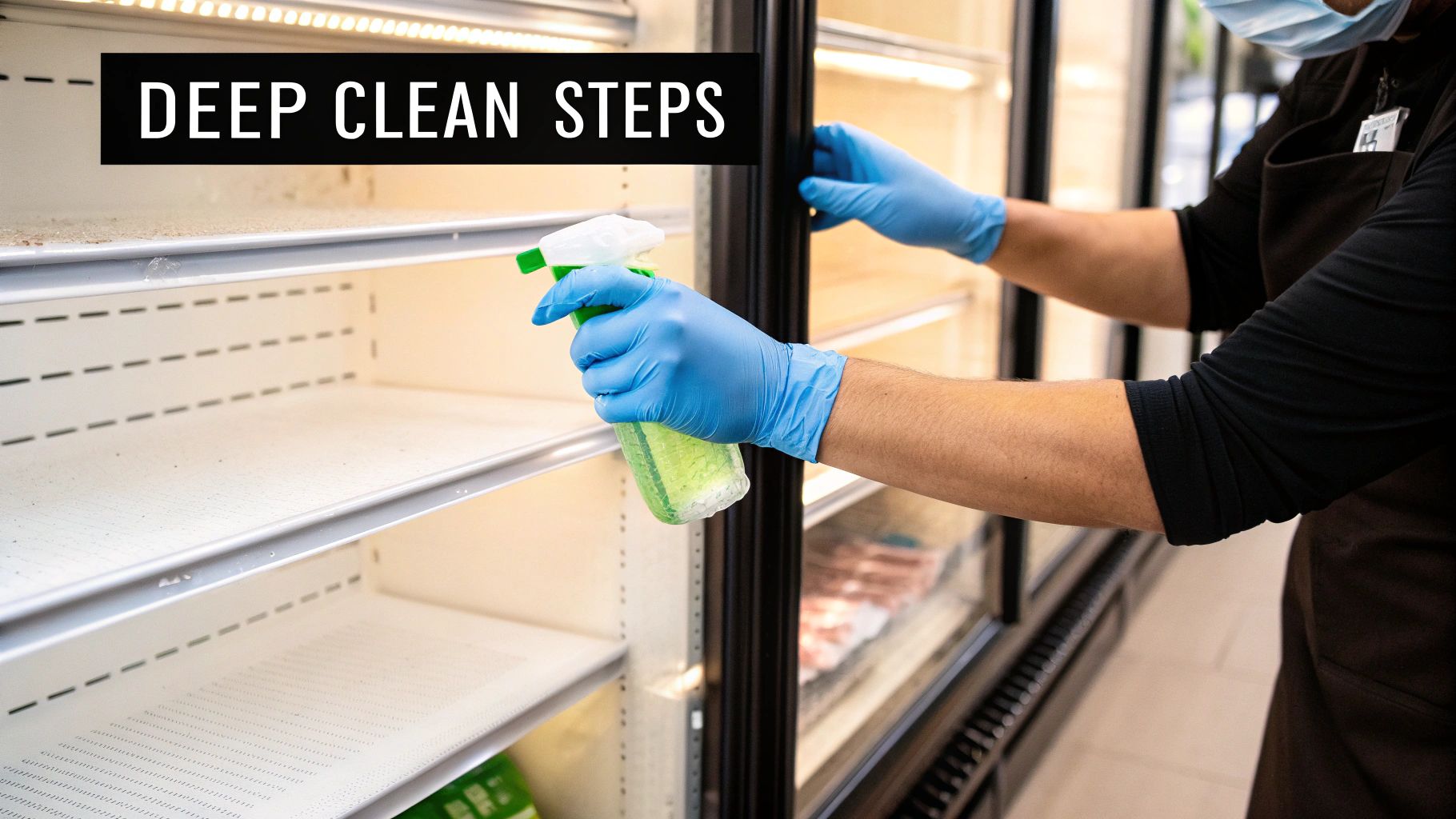 A person deep cleaning the shelving inside a walk-in cooler