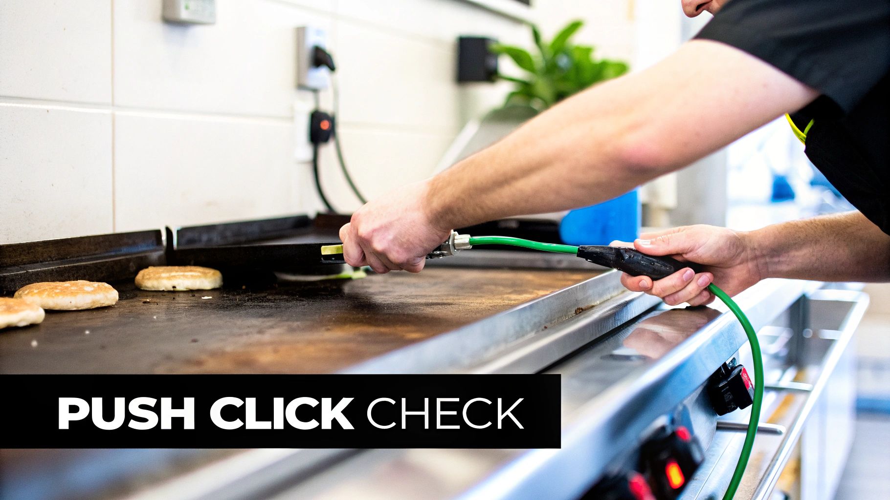 A person uses a green hose with a quick connect fitting to clean a commercial griddle.