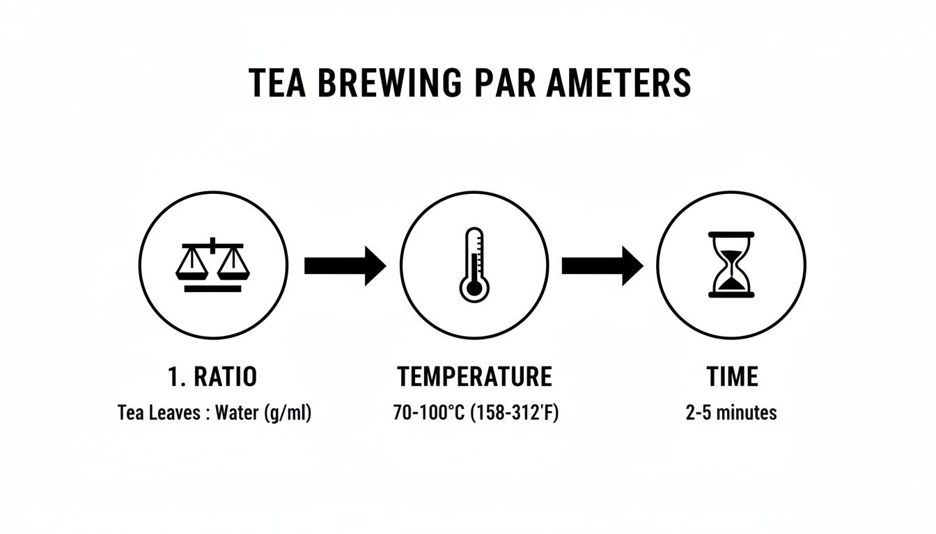 Infographic illustrating key tea brewing parameters: ratio of tea leaves to water, temperature range, and brewing time.