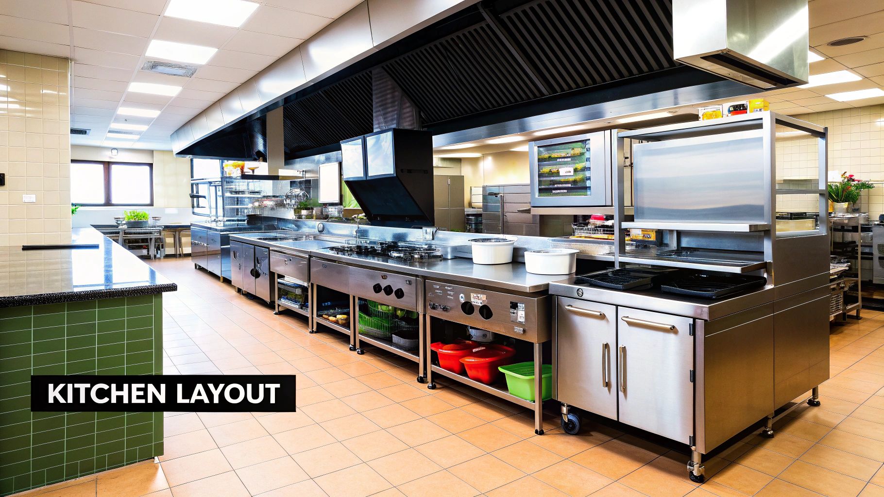 A professionally designed commercial kitchen with stainless steel equipment and a clear workflow.