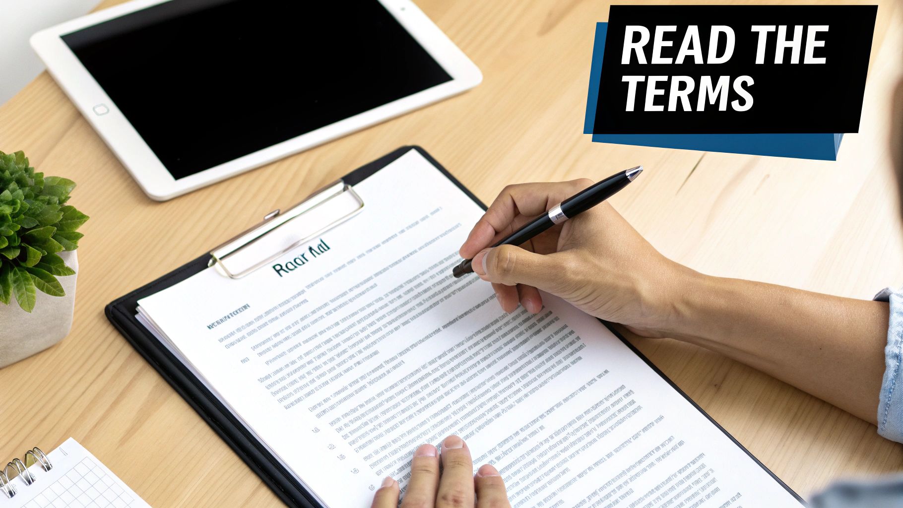 A person carefully reviewing a rental contract with a pen in hand.