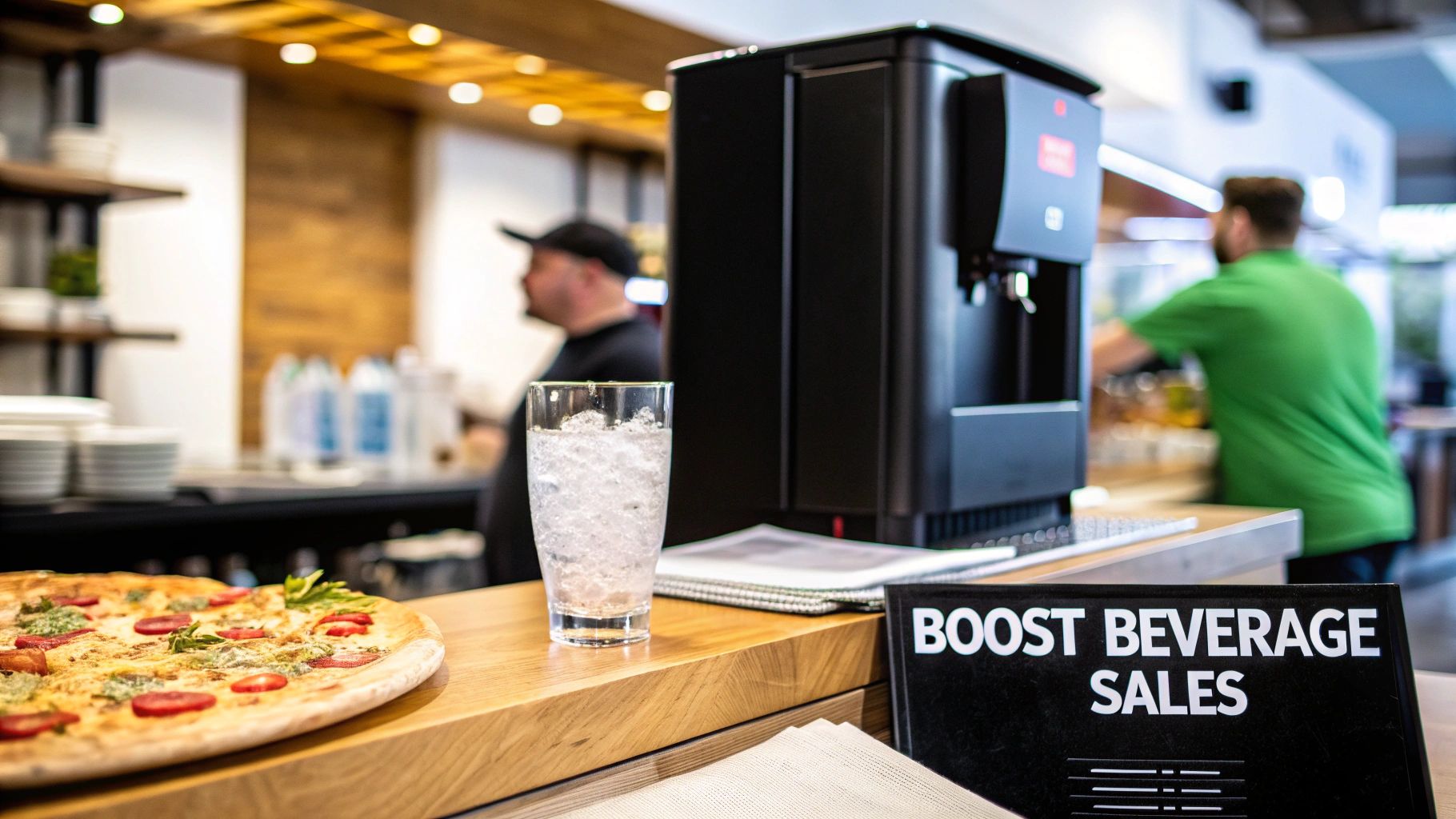 A commercial ice and water dispenser sits on a counter next to a pizza and a glass of ice water.