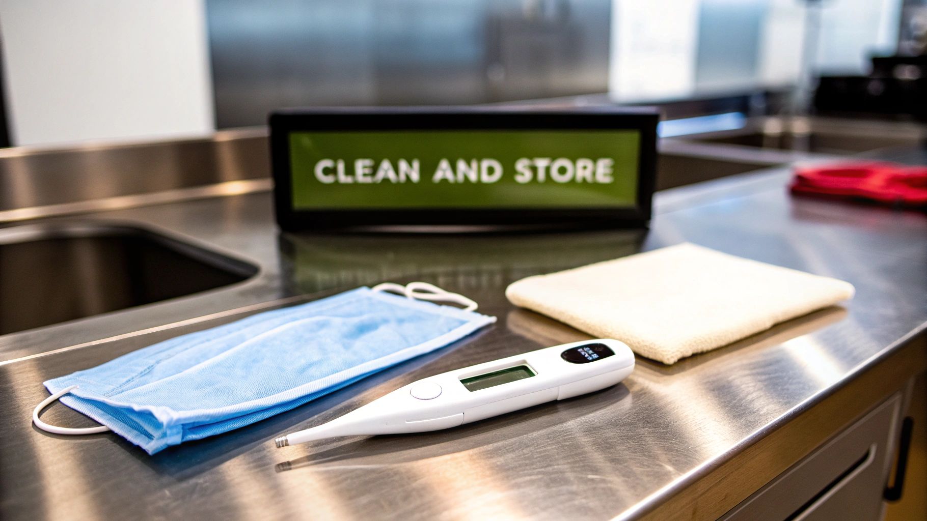 A blue face mask, digital thermometer, and cloth on a stainless steel counter with a 'CLEAN AND STORE' sign.