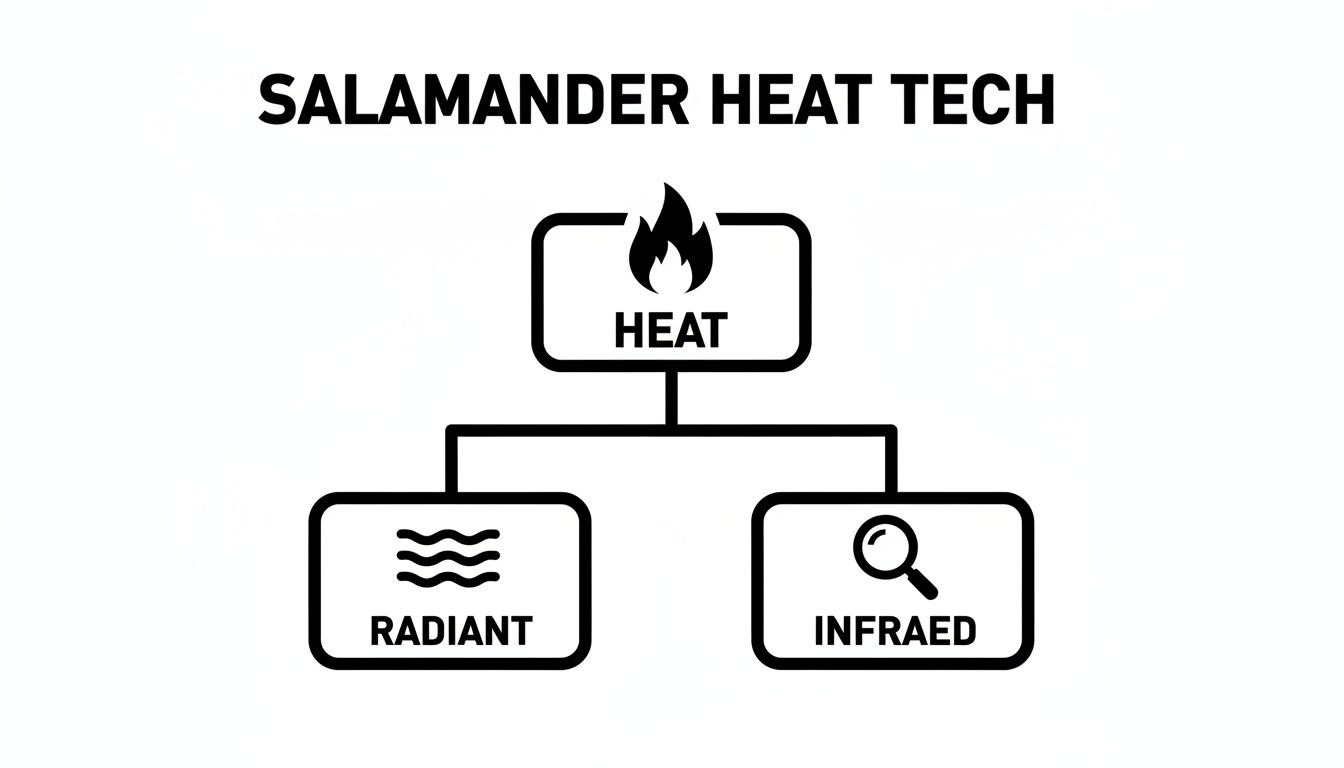 A diagram illustrating Salamander Heat Tech, showing heat generated by radiant and infraed methods.