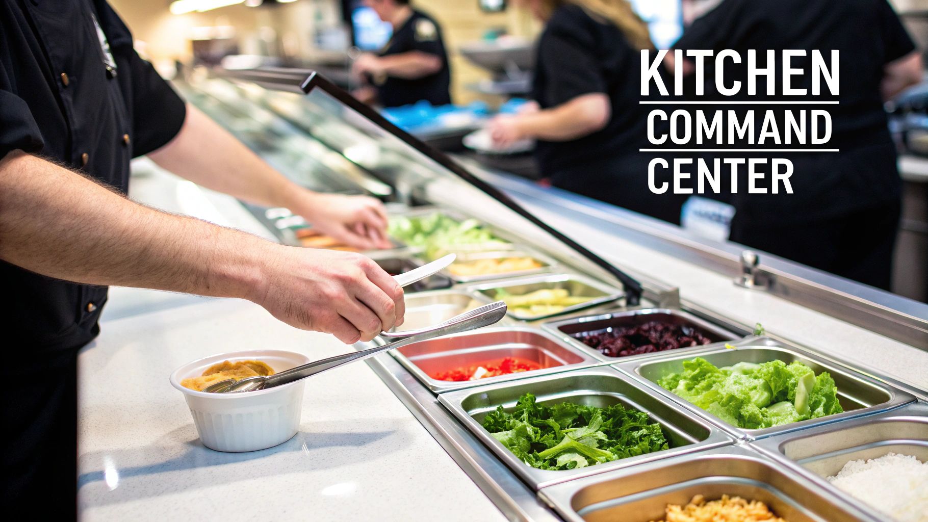 A person's hands serving fresh salad and toppings from a well-stocked buffet line.