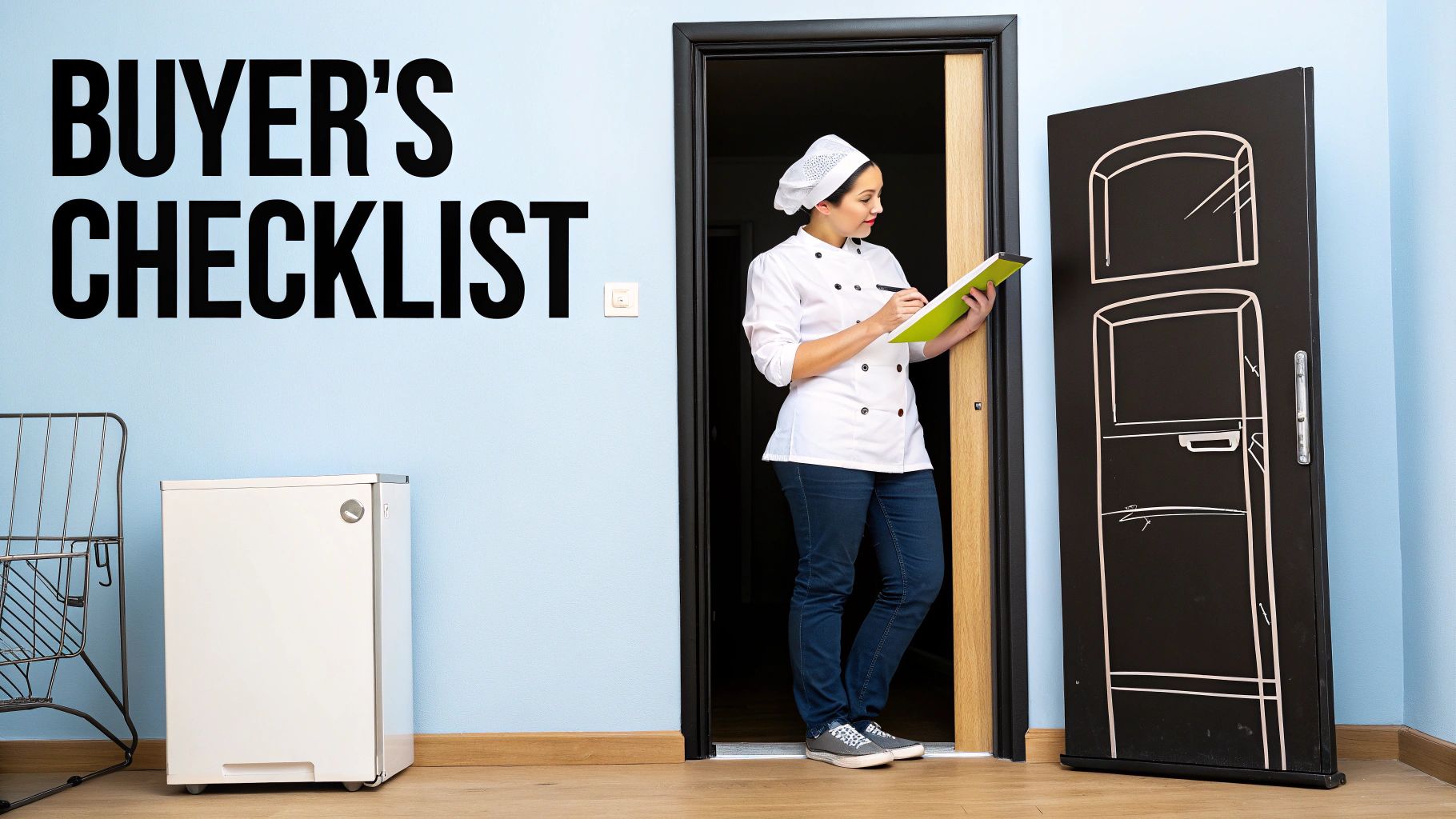 A chef meticulously reviews a buyer's checklist next to various kitchen appliances, including a refrigerator and a door with appliance drawings.