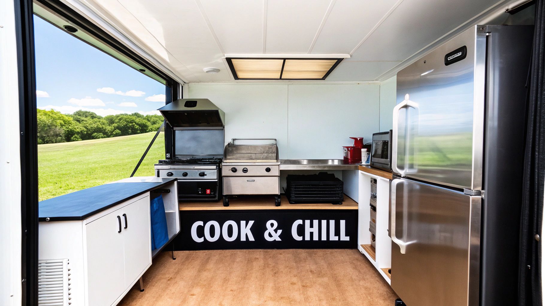 A fully equipped mobile kitchen interior with a stove, grill, refrigerator, and a scenic outdoor view.