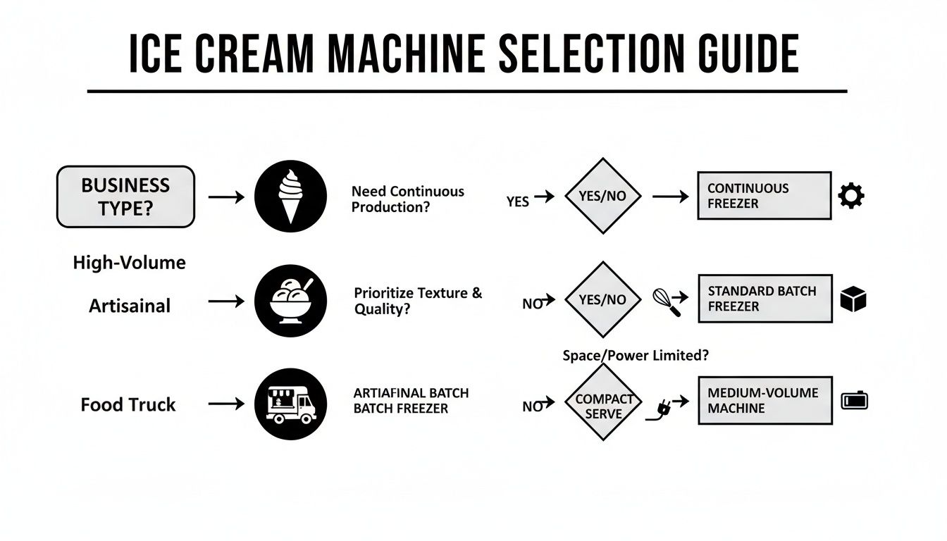 Decision guide showing how to choose an ice cream machine for high-volume, artisanal, or food truck businesses.