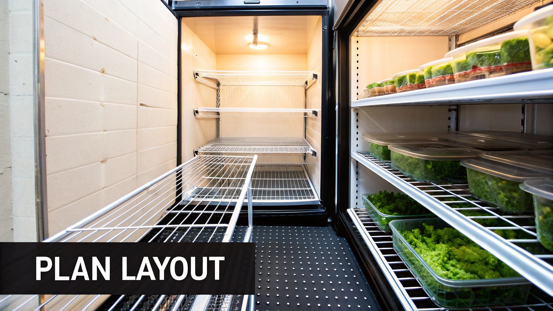 Open walk-in refrigerator with one section having empty shelves and the other filled with green food containers.