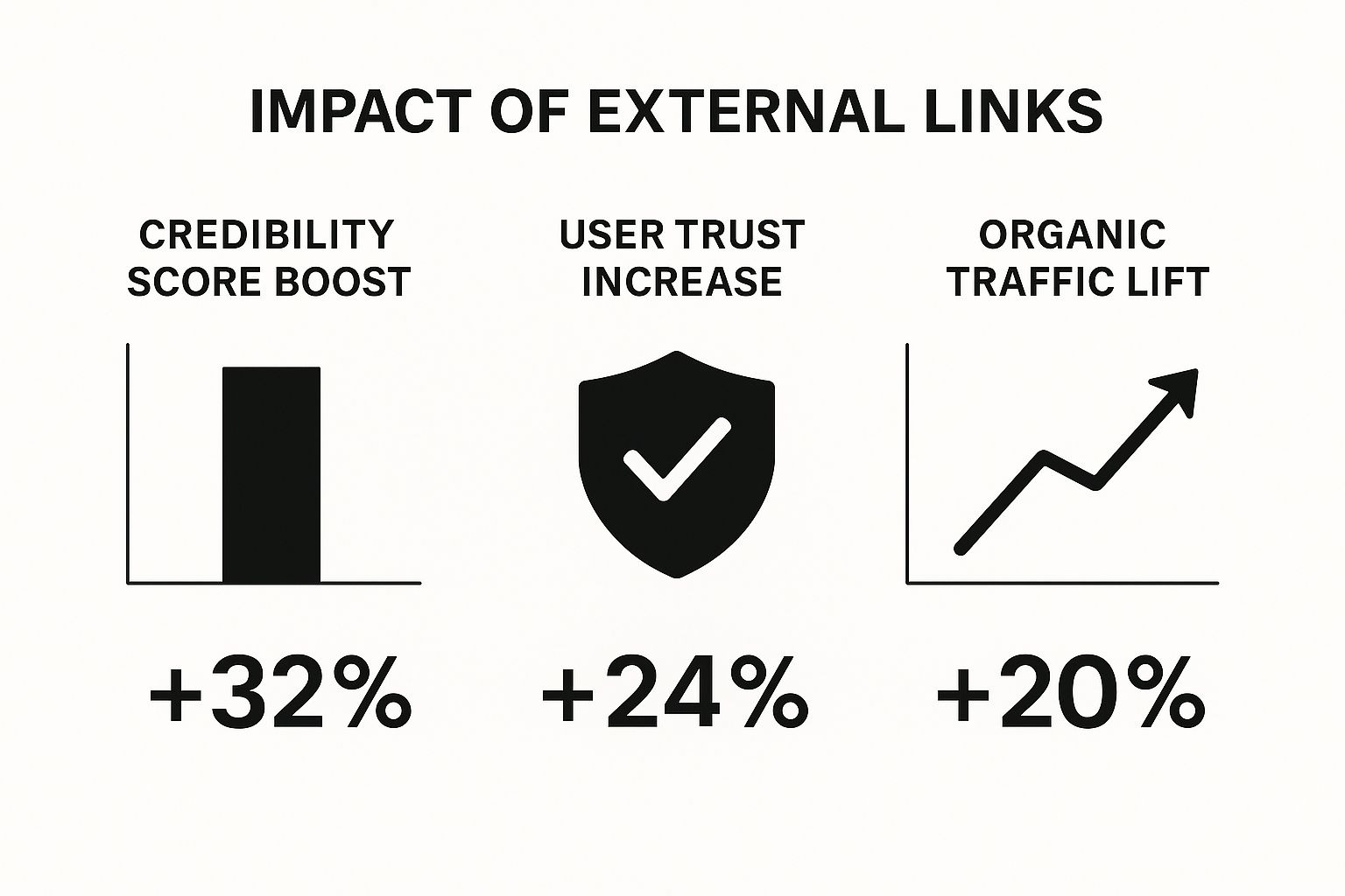 Infographic showing that external links boost credibility, user trust, and organic traffic.