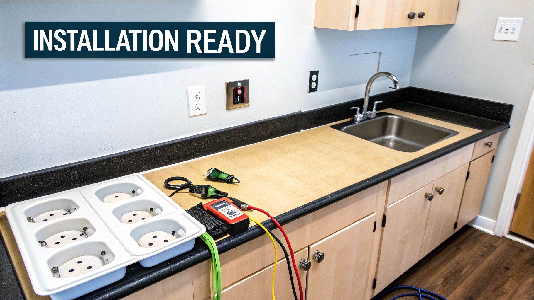 A commercial kitchen counter with a sink, light wood cabinets, and electronic equipment, labeled 'INSTALLATION READY'.