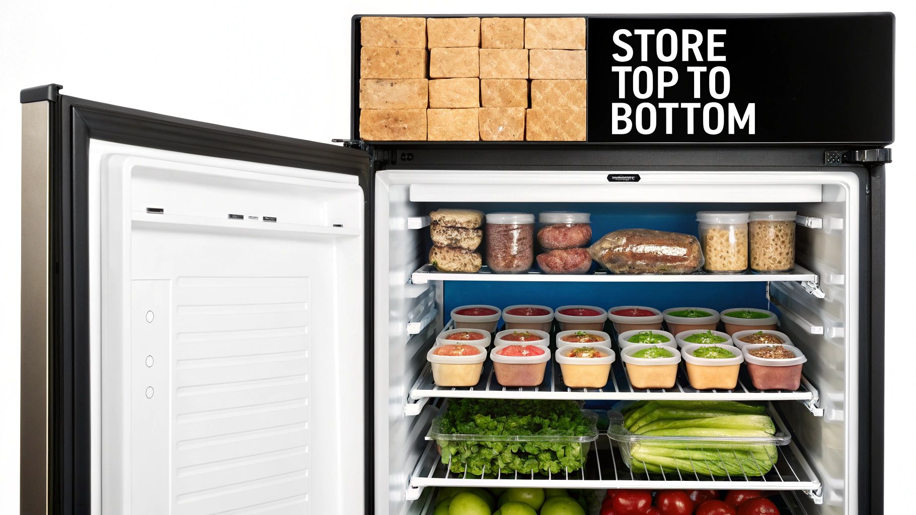 A chef carefully places a container of vegetables on a shelf in a well-organized walk-in cooler, demonstrating proper food storage hierarchy.