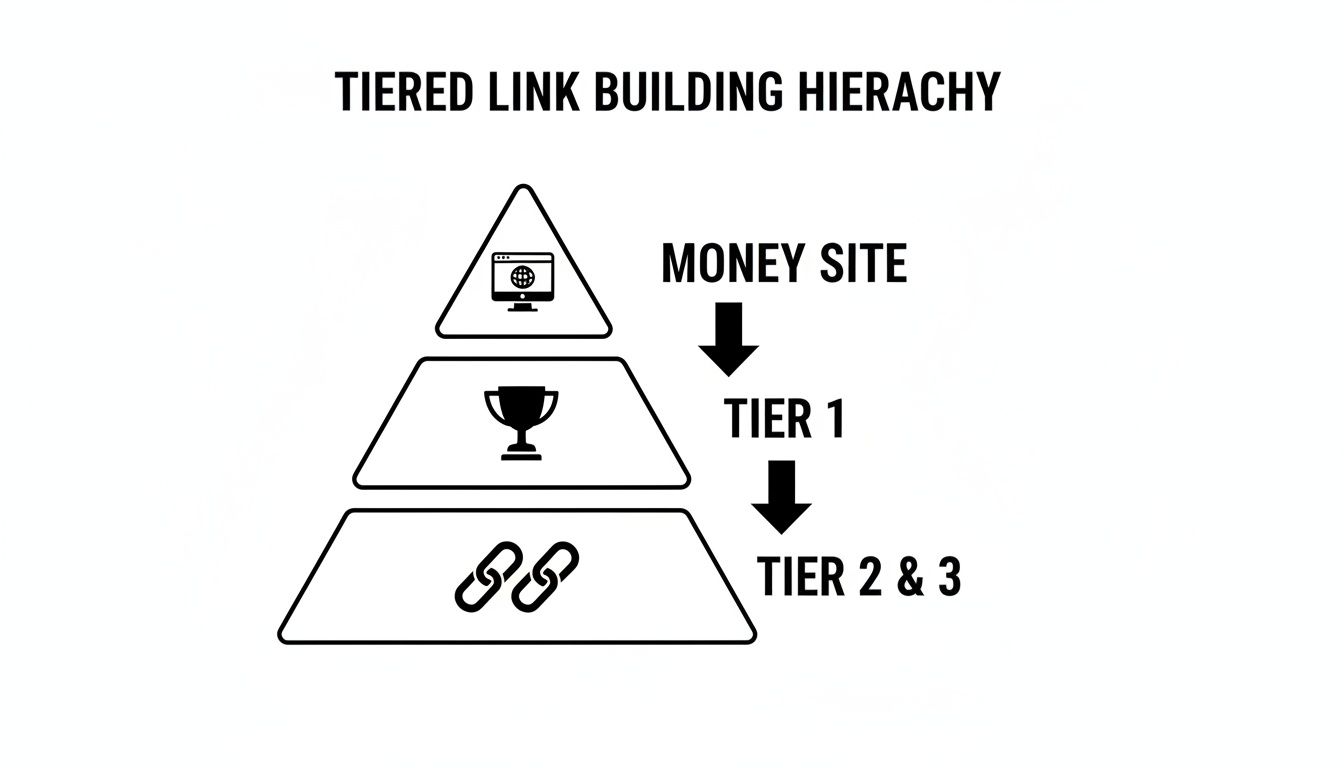 A pyramid diagram illustrating the tiered link building hierarchy with Money Site, Tier 1, and Tier 2 & 3.