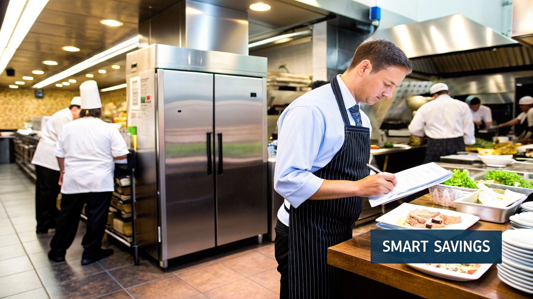 A chef inspecting the interior of a clean, used commercial freezer in a professional kitchen.