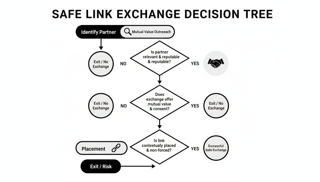 A flowchart outlining the SAFE LINK EXCHANGE DECISION TREE, detailing steps for partner identification and link placement.