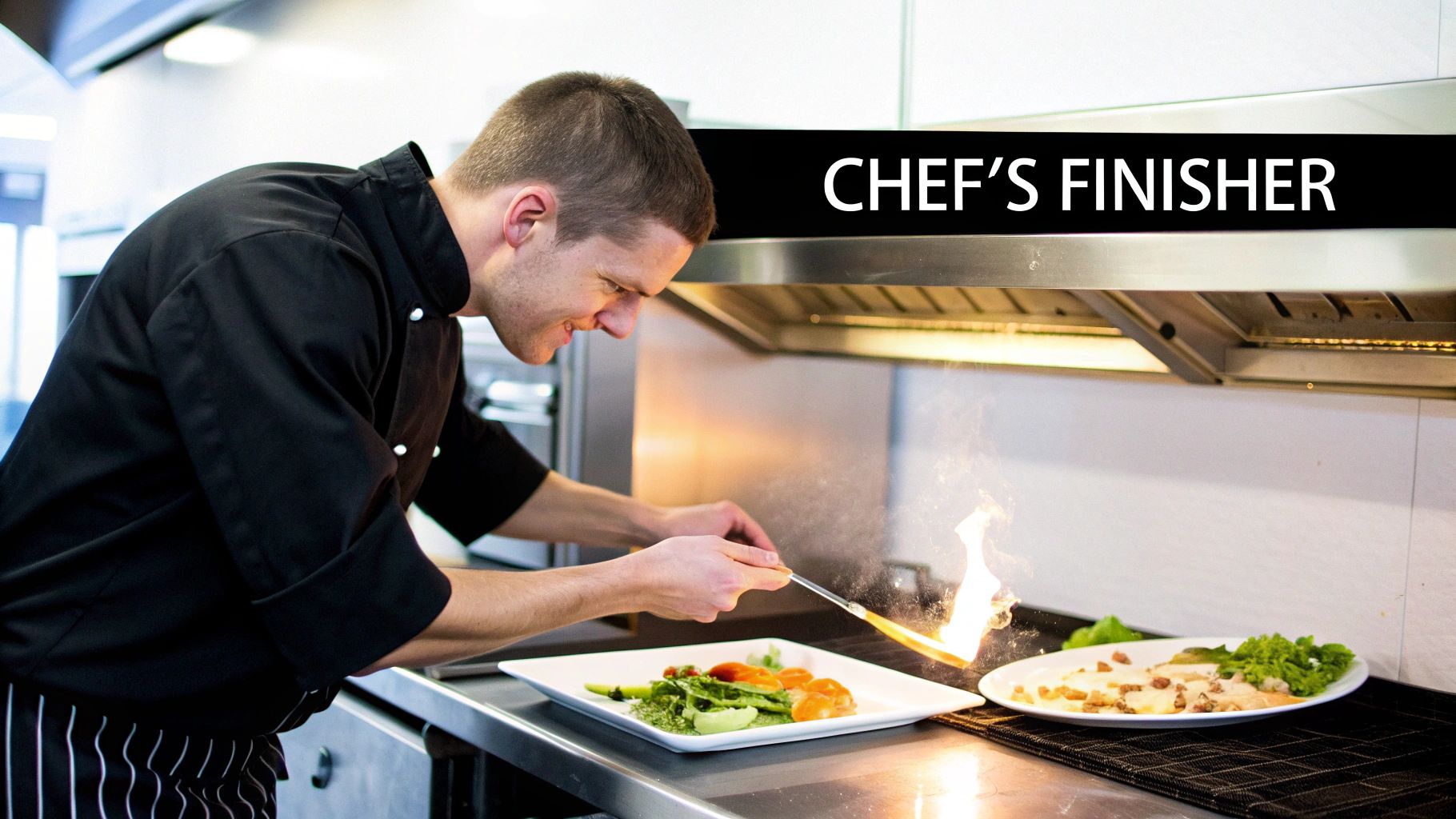 A smiling chef in a black uniform flambés food on a white plate in a professional kitchen.