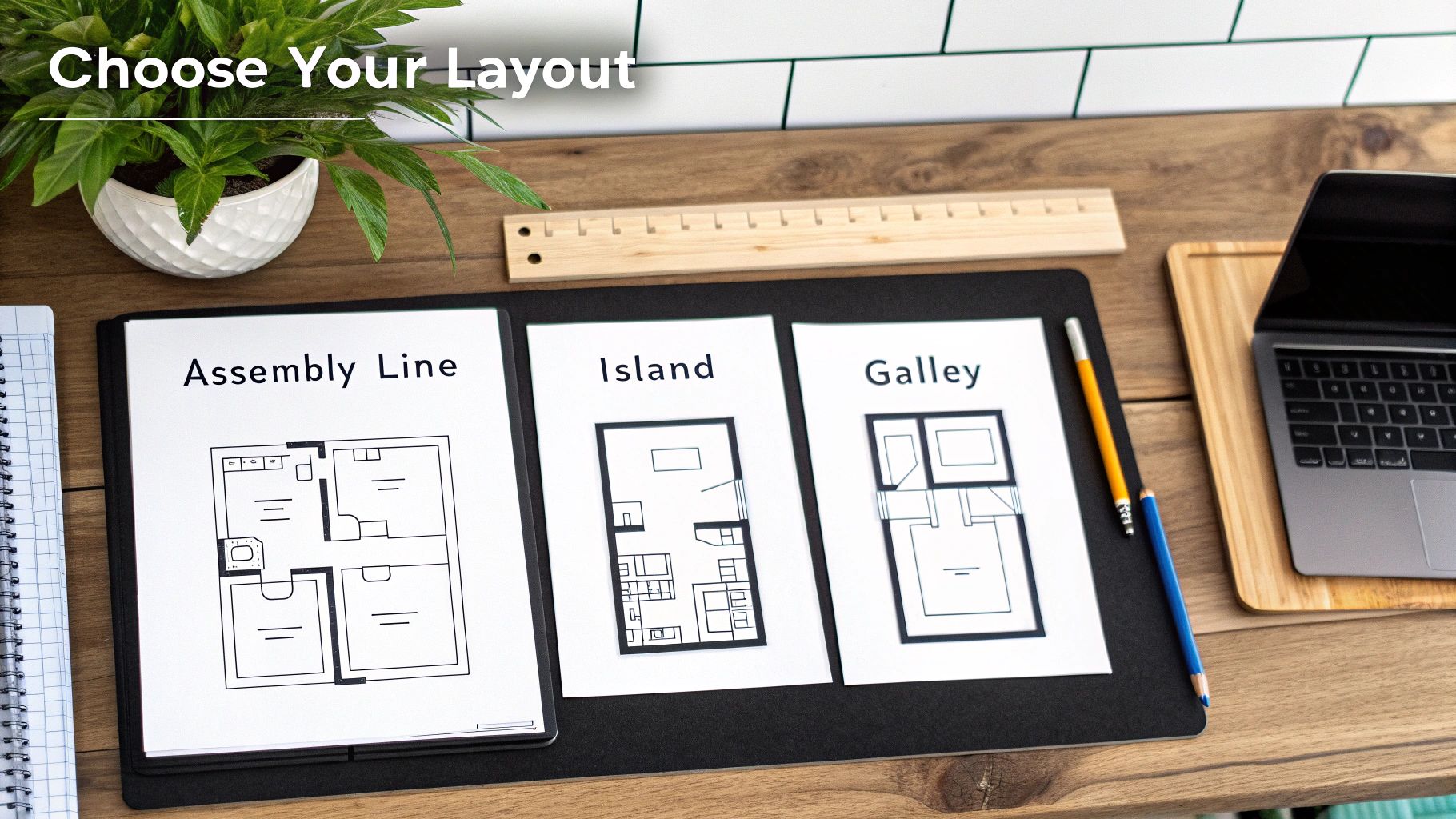 Three commercial kitchen layouts, 'Assembly Line', 'Island', and 'Galley', displayed on a desk with a plant and laptop.