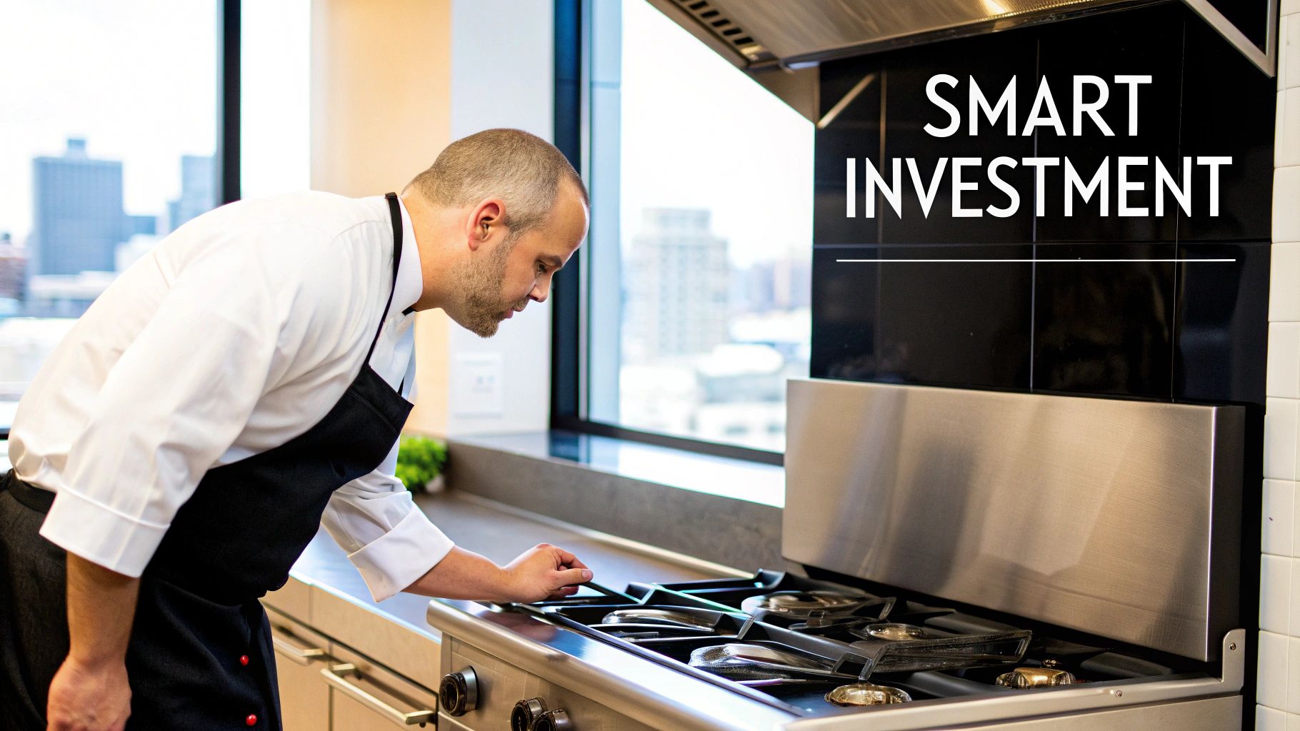 A chef in a white coat and black apron inspects a commercial gas range in a modern kitchen.