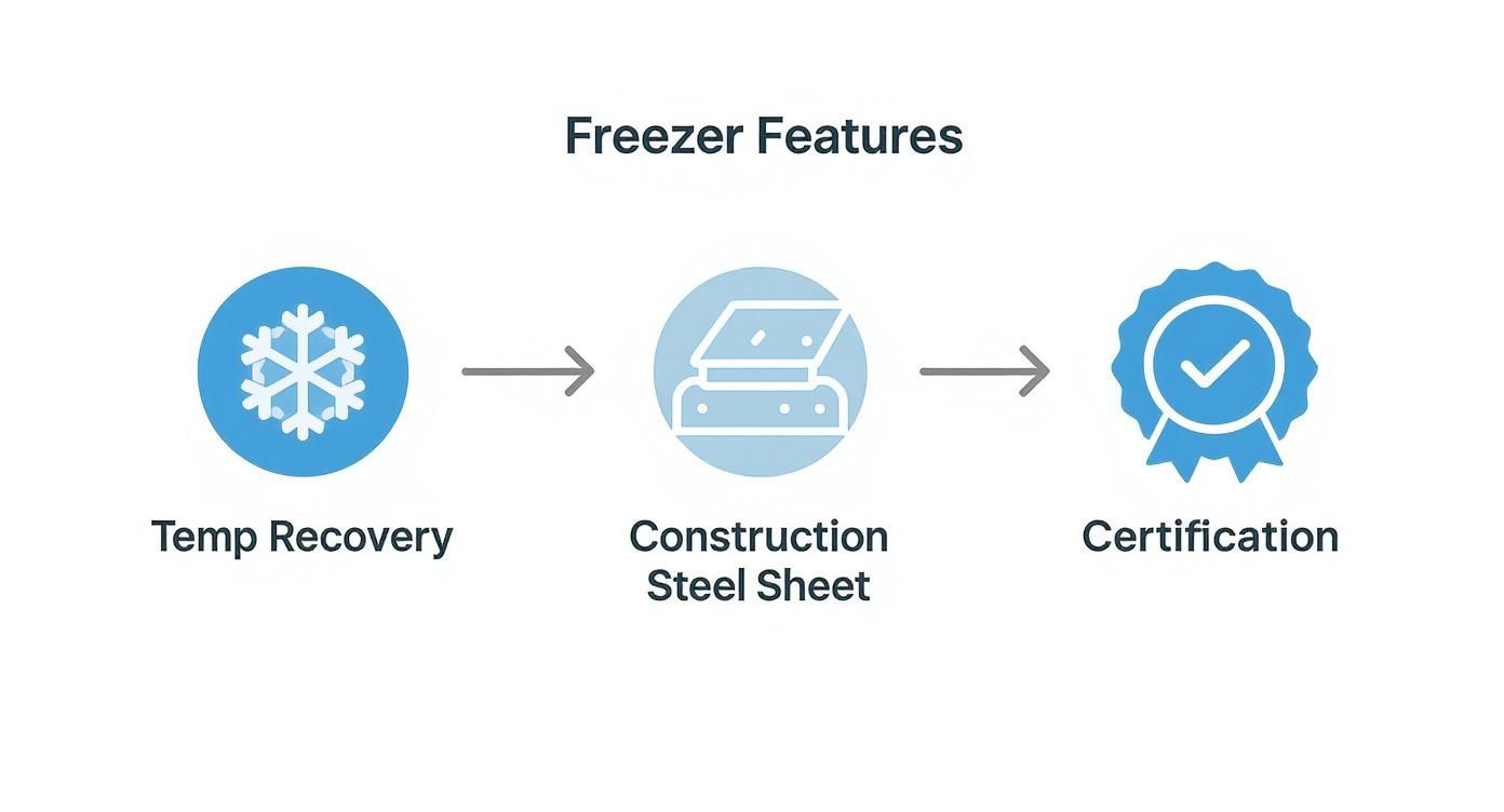 A diagram illustrating freezer features: temperature recovery, construction with steel sheet, and certification.