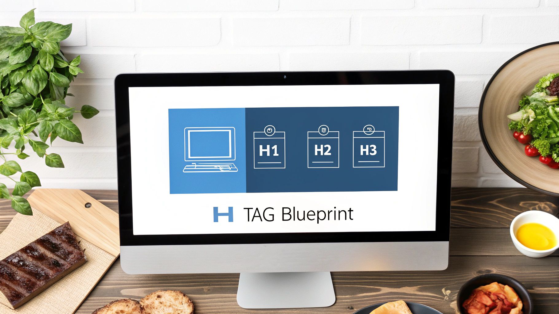 A computer monitor displays 'TAG Blueprint' with H1, H2, H3 heading tags, on a wooden desk.