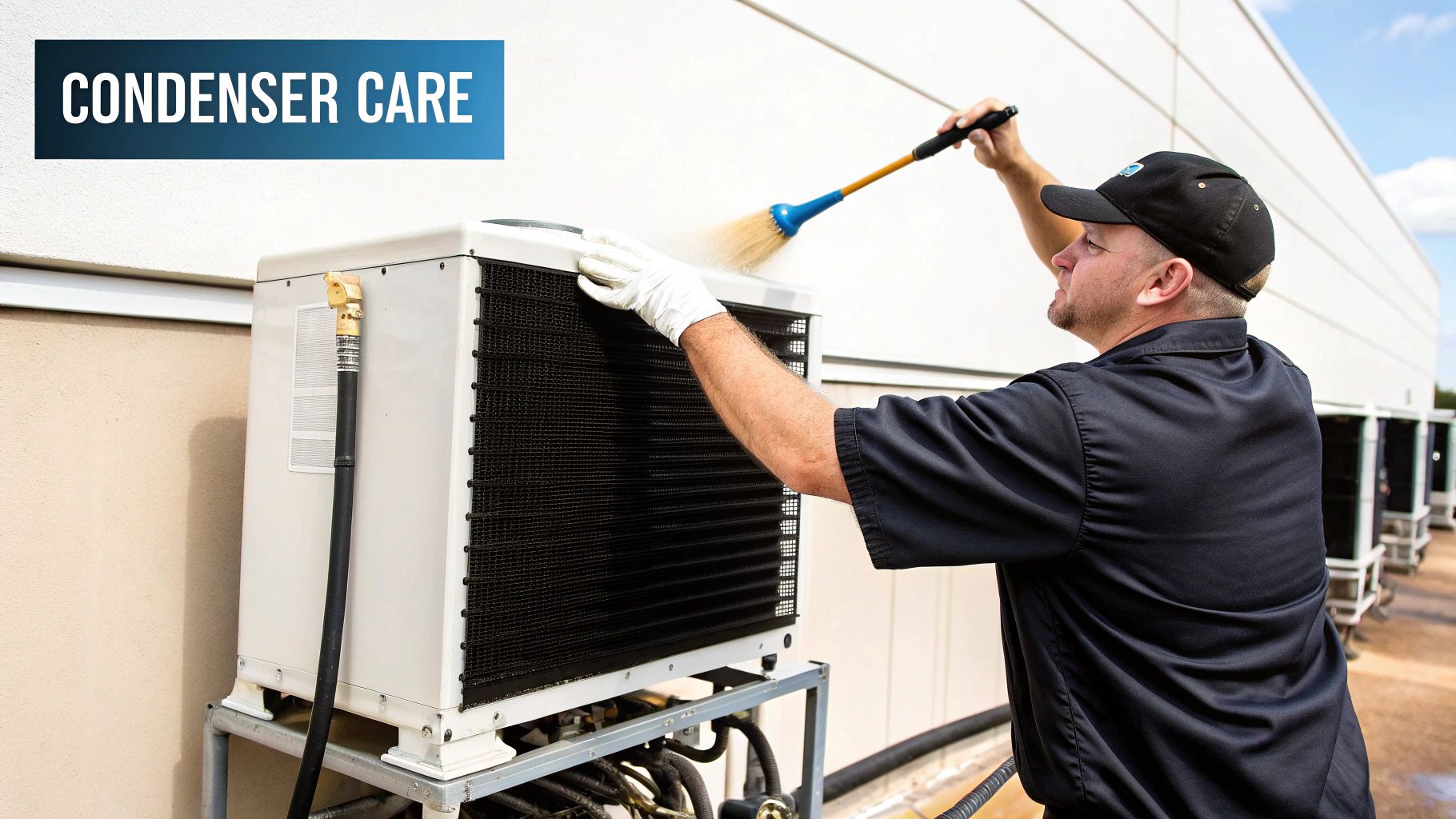 A technician performs condenser care, cleaning an outdoor HVAC unit with a long-handled brush.