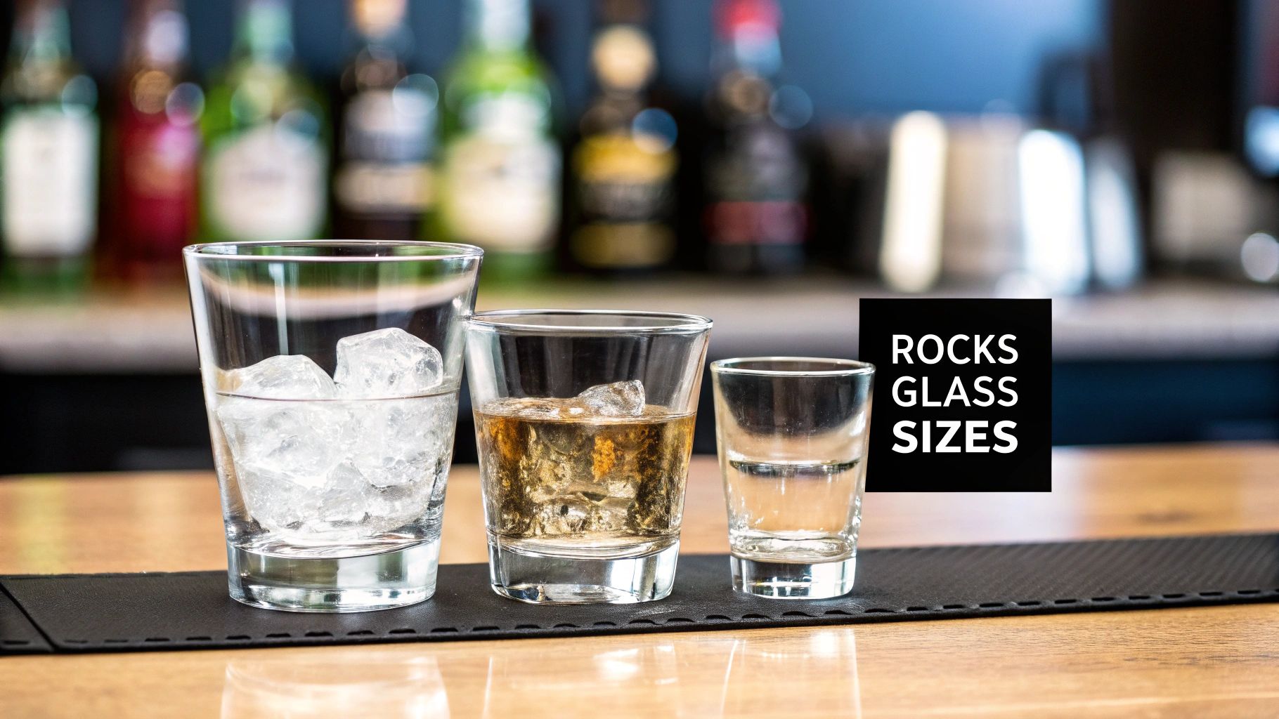 Three rocks glasses of varying sizes with drinks and ice, displayed on a bar counter.