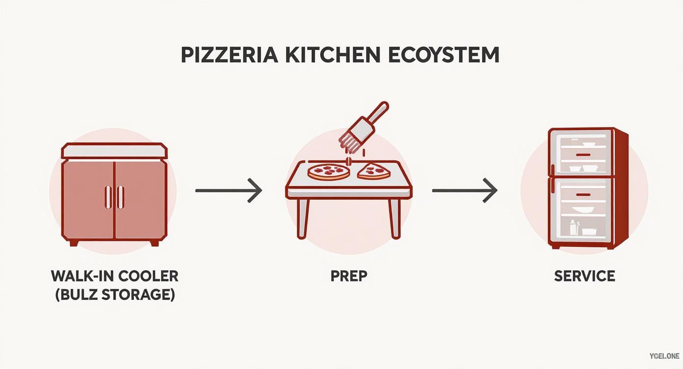 Diagram showing pizzeria kitchen workflow: walk-in cooler, prep station with pizza, and service refrigerator.