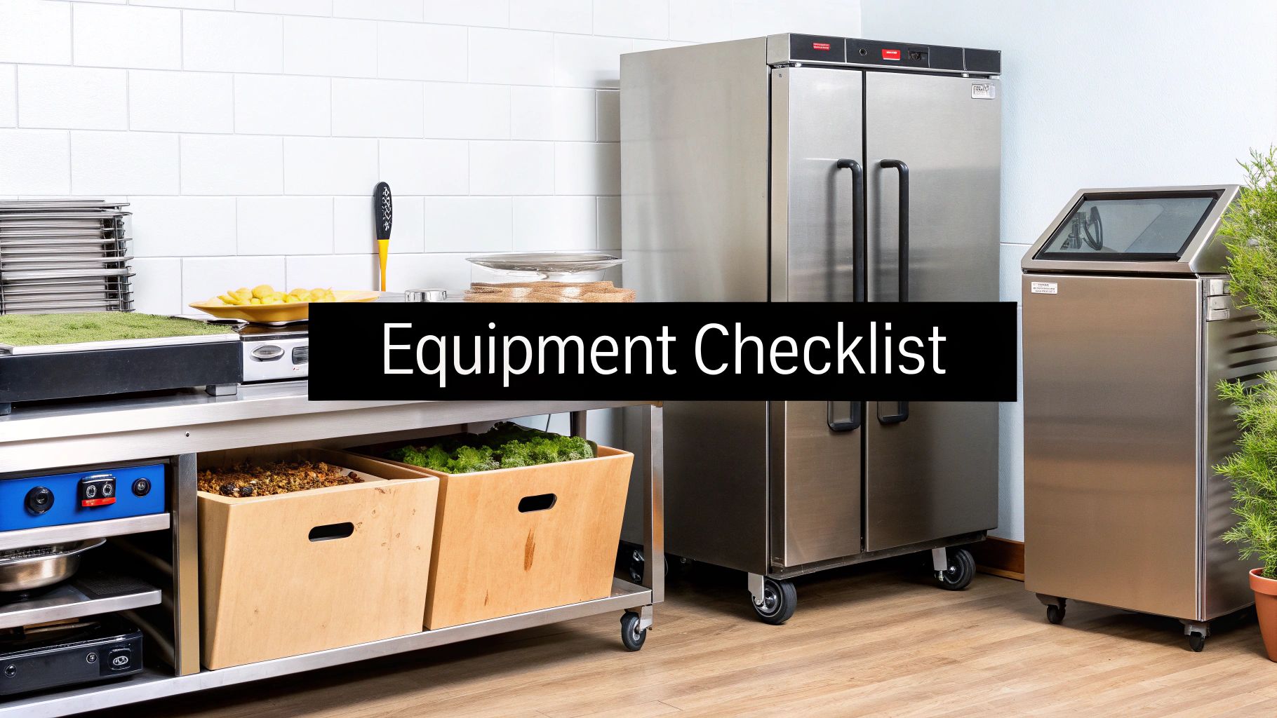 A clean commercial kitchen featuring stainless steel refrigeration and food serving equipment.